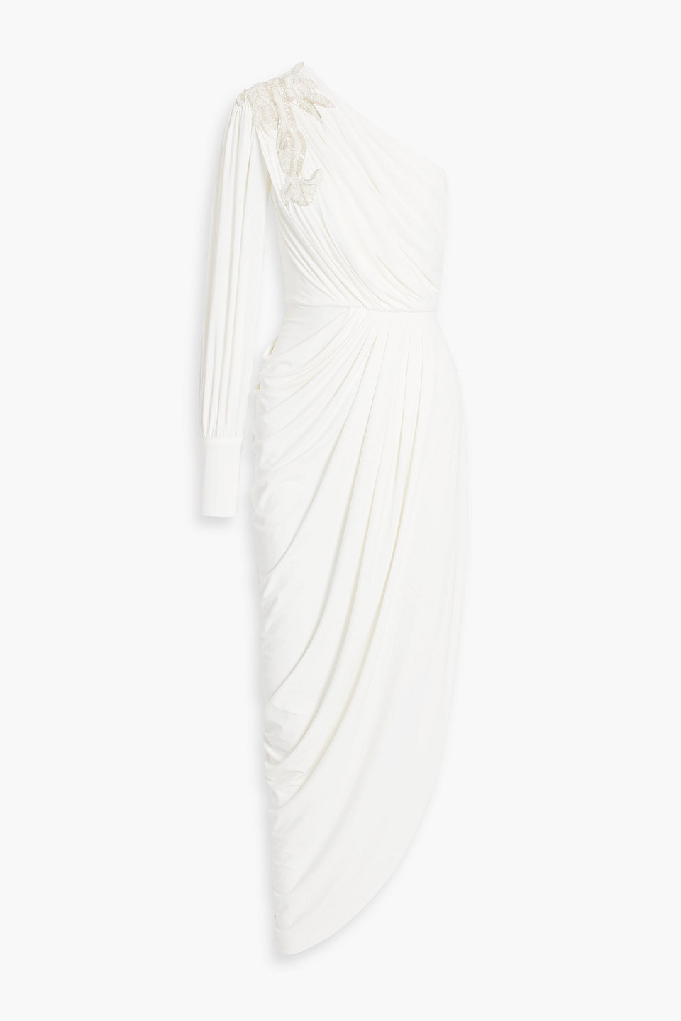 One-sleeve embellished draped cady gown