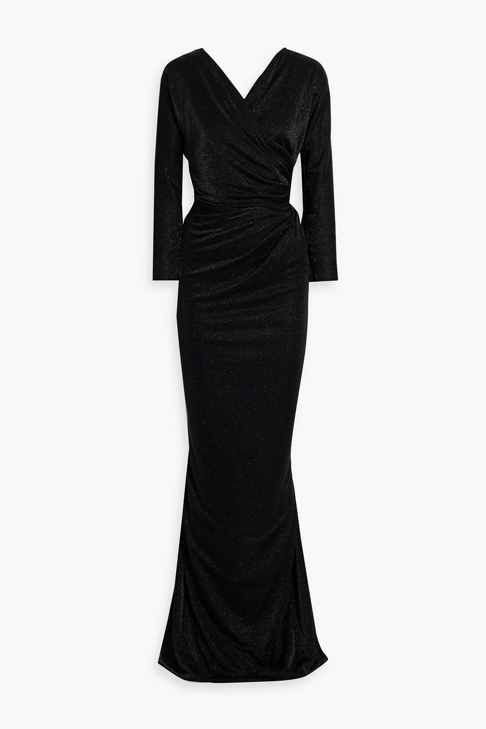 Wrap-effect glittered jersey gown