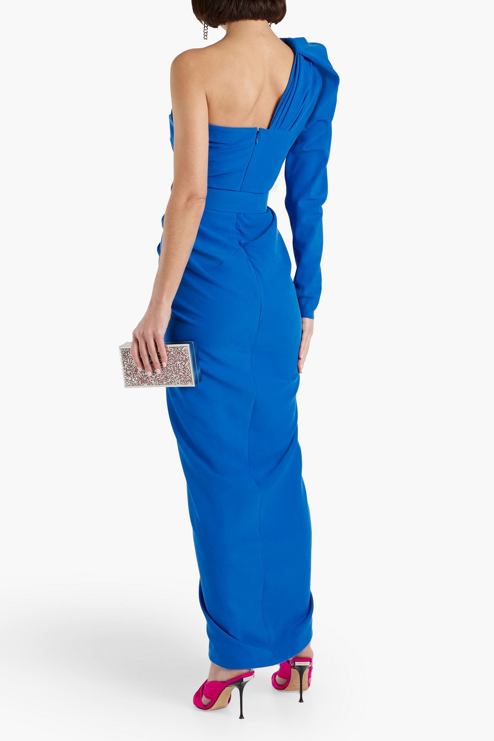 Rhea Costa One-shoulder Wrap-effect Crepe Maxi Dress In Cobalt Blue