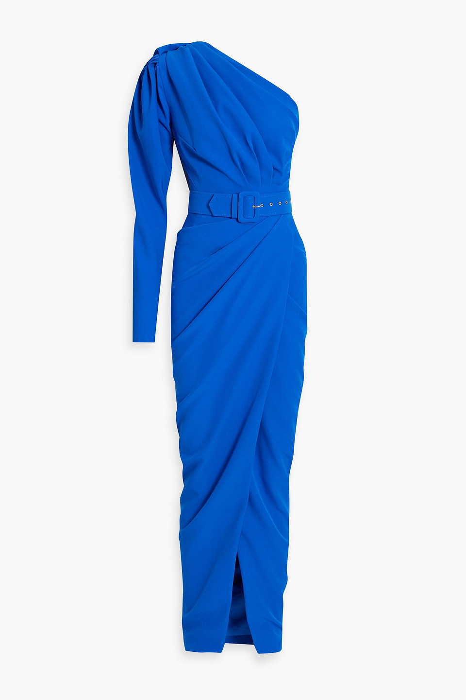 Rhea Costa One-shoulder Wrap-effect Crepe Maxi Dress In Cobalt Blue