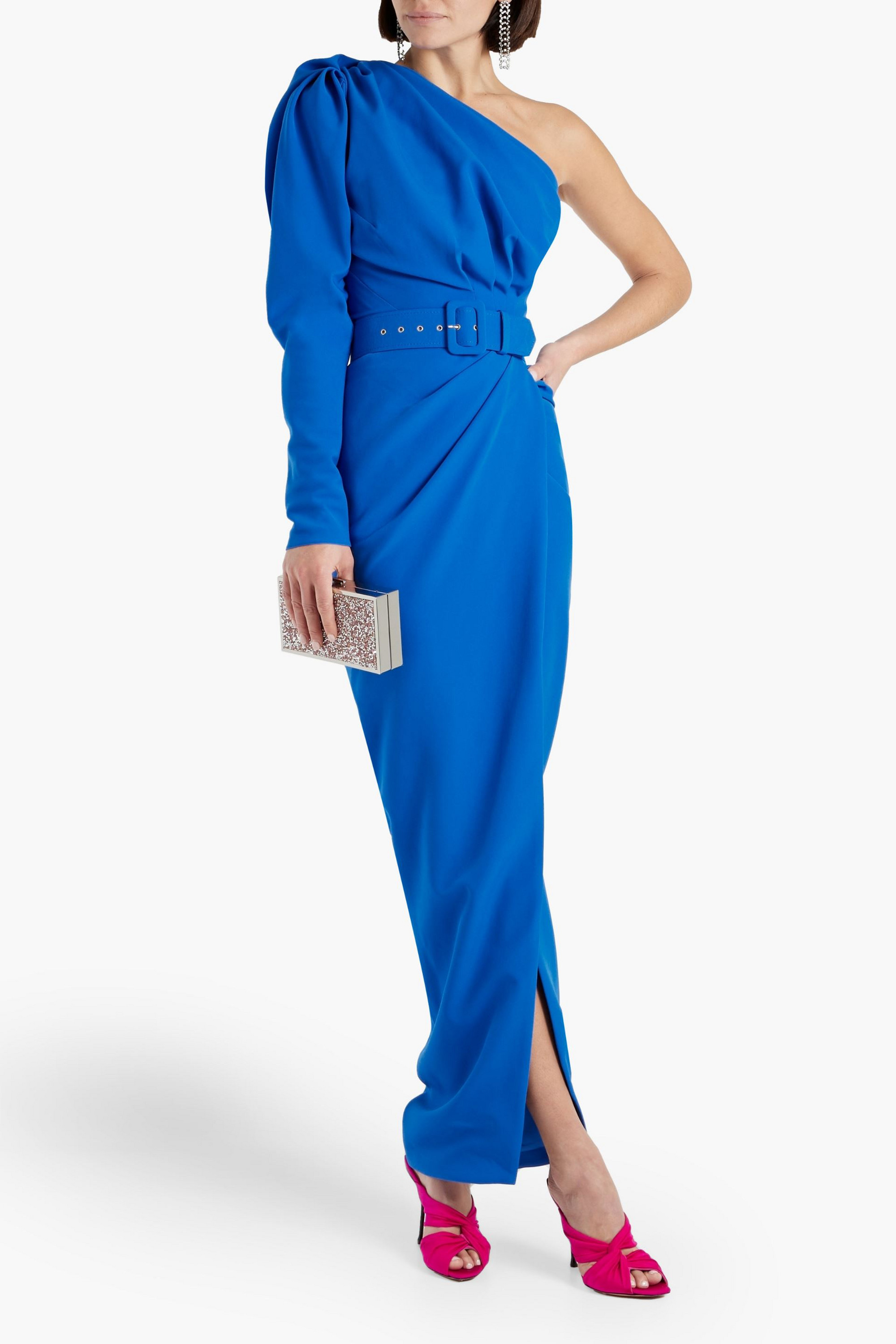 RHEA COSTA One-sleeve belted cady maxi dress