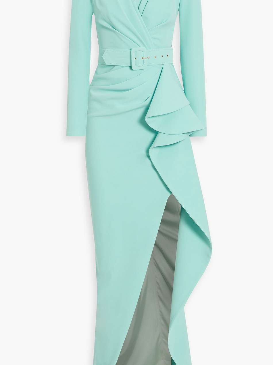 belted draped crepe gown