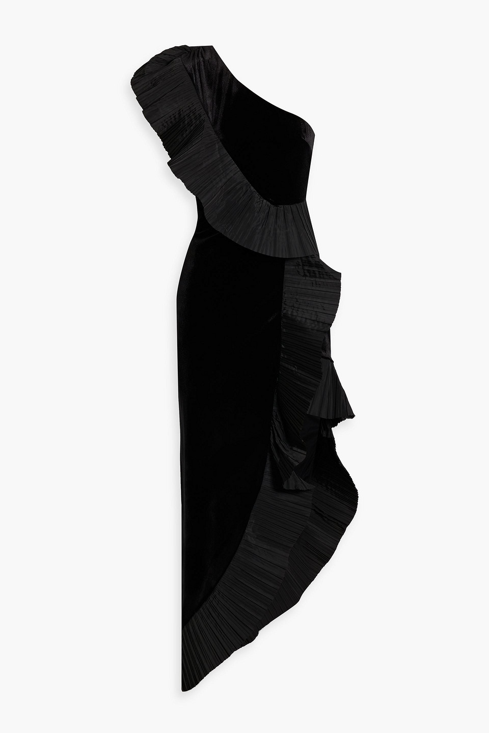 One33 Social One-shoulder Gown With Pleated Ruffles In Black