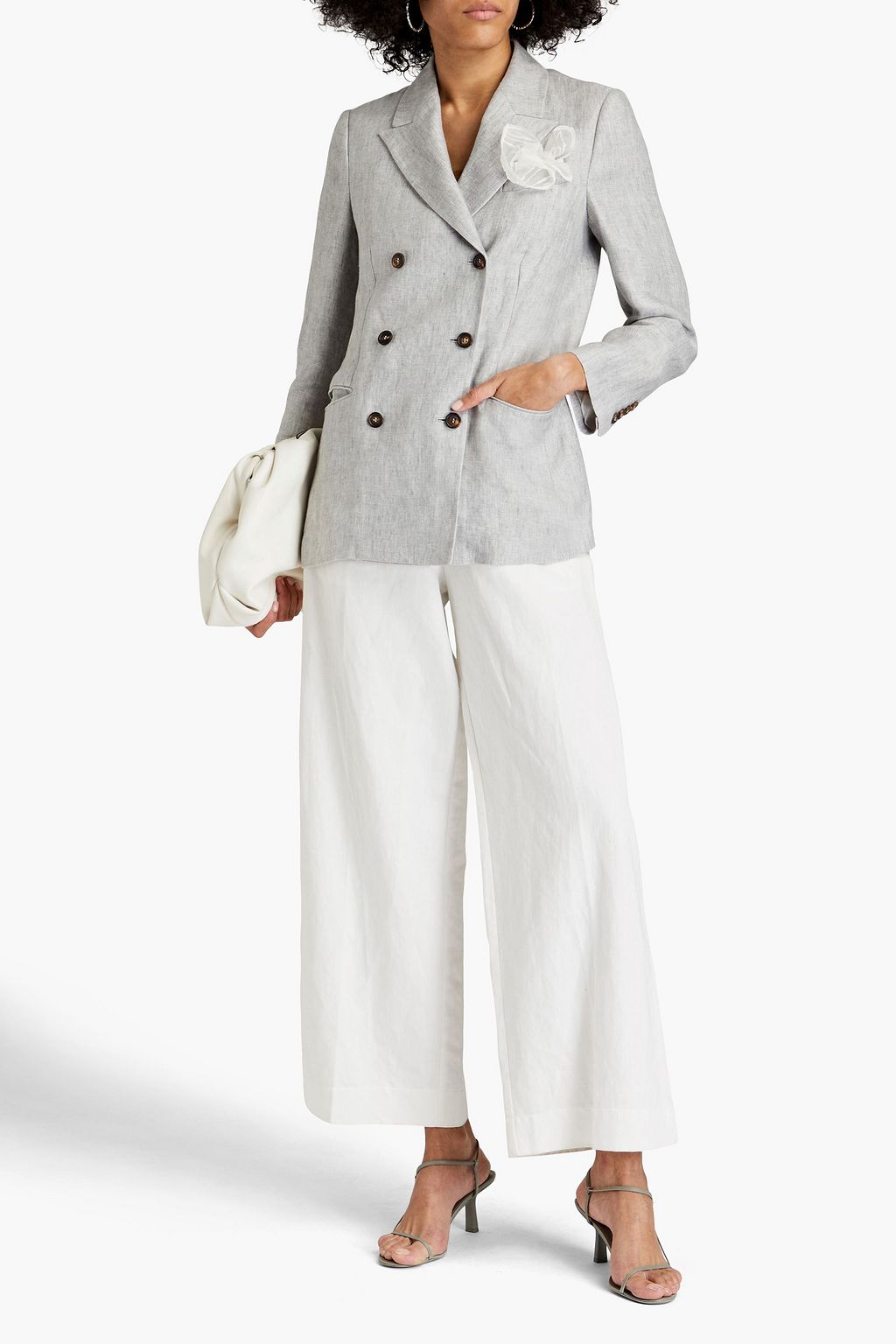 BRUNELLO CUCINELLI Double-breasted embellished herringbone hemp-blend blazer