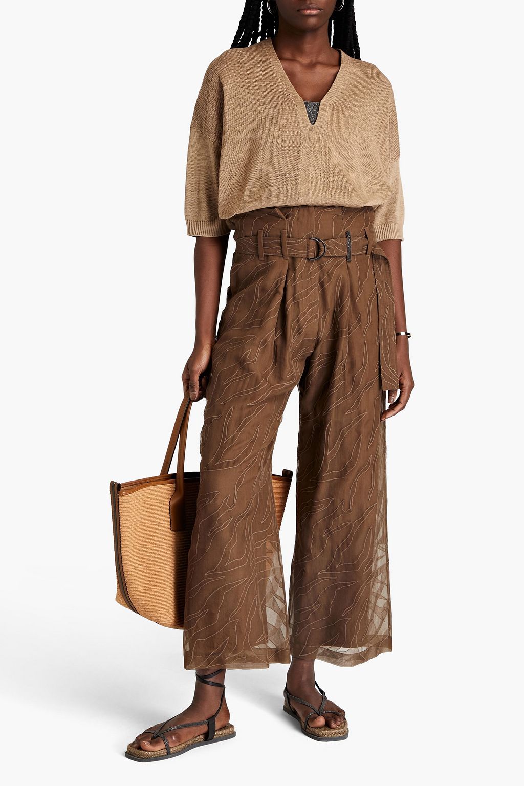BRUNELLO CUCINELLI Belted embellished organza wide-leg pants