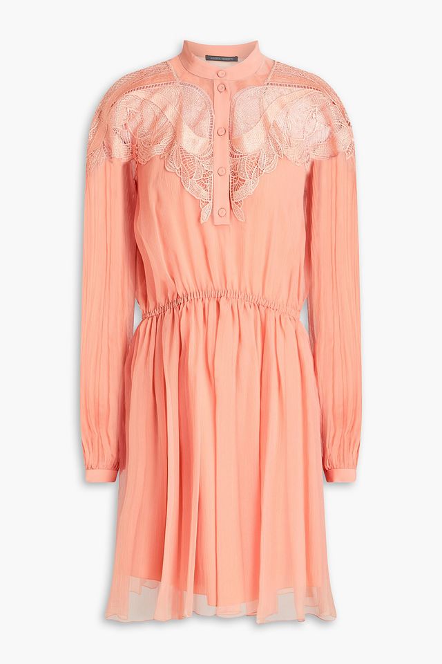 Gathered lace-paneled georgette mini dress