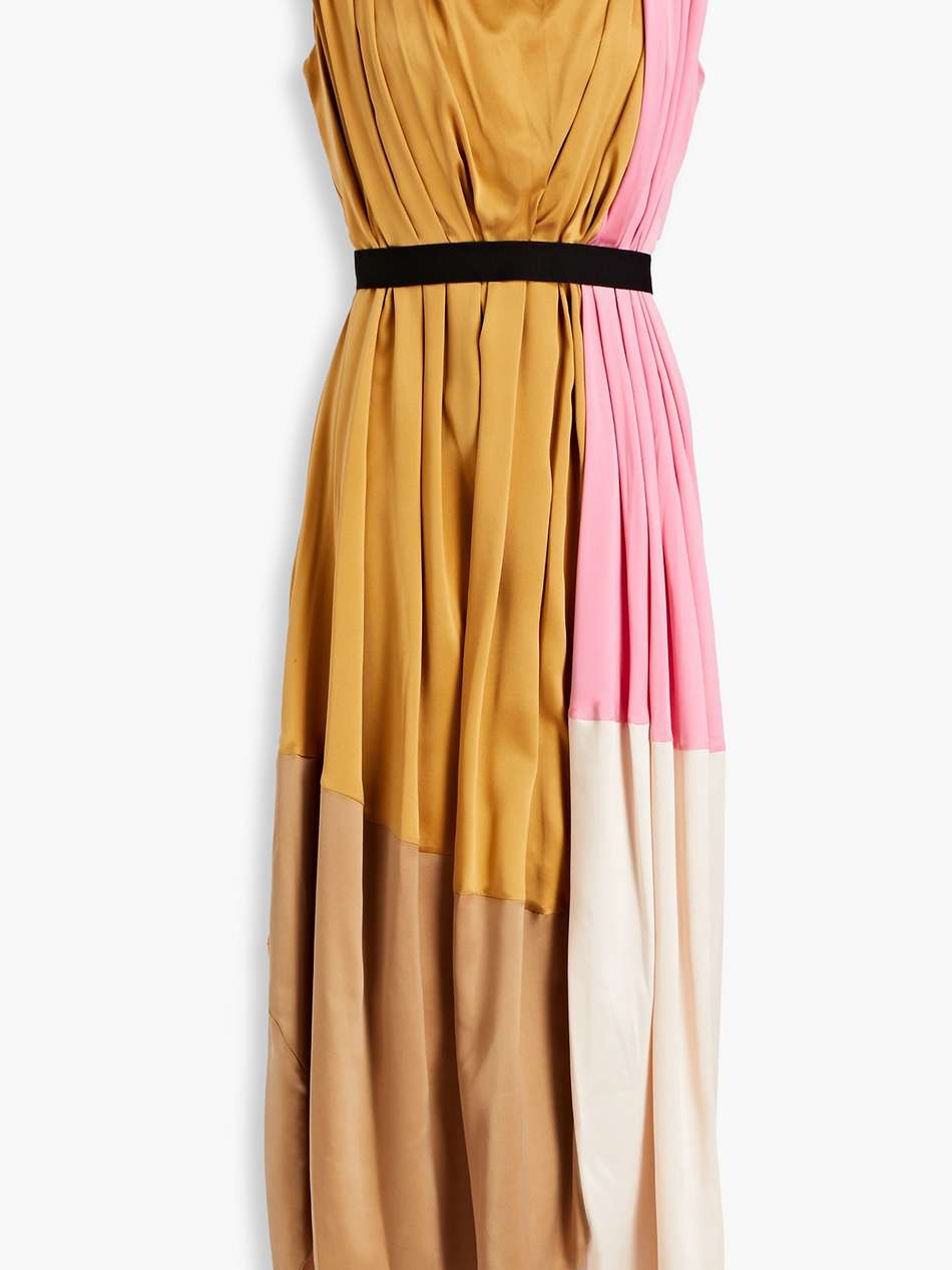 pleated color-block silk midi dress
