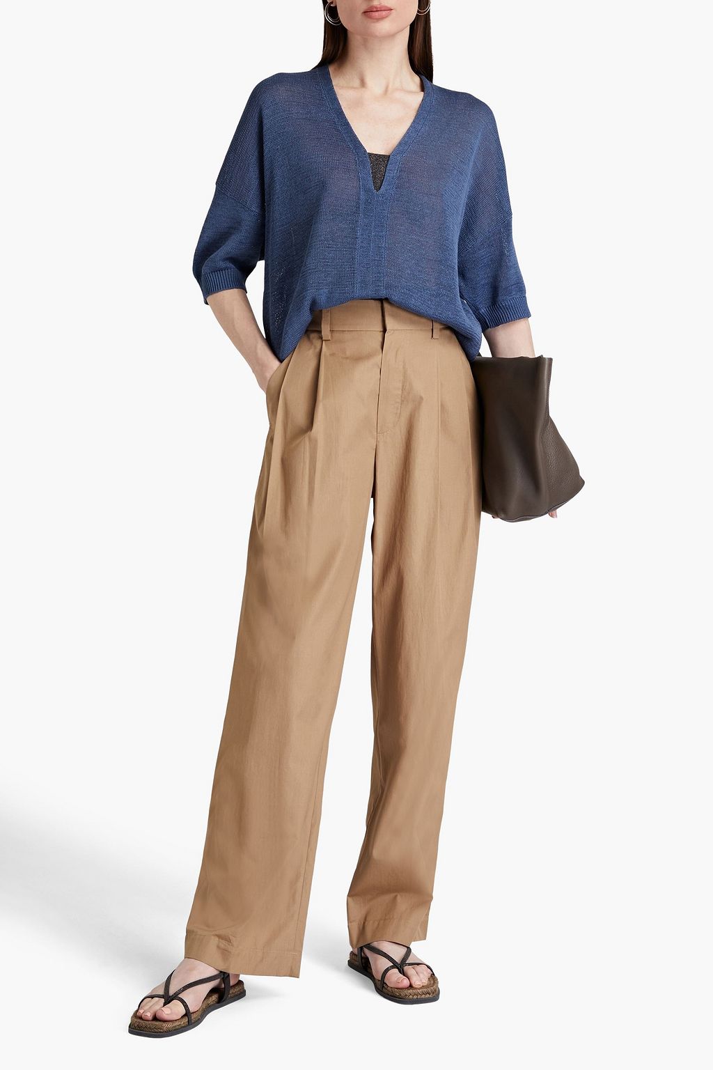 BRUNELLO CUCINELLI Bead-embellished pleated cotton wide-leg pants