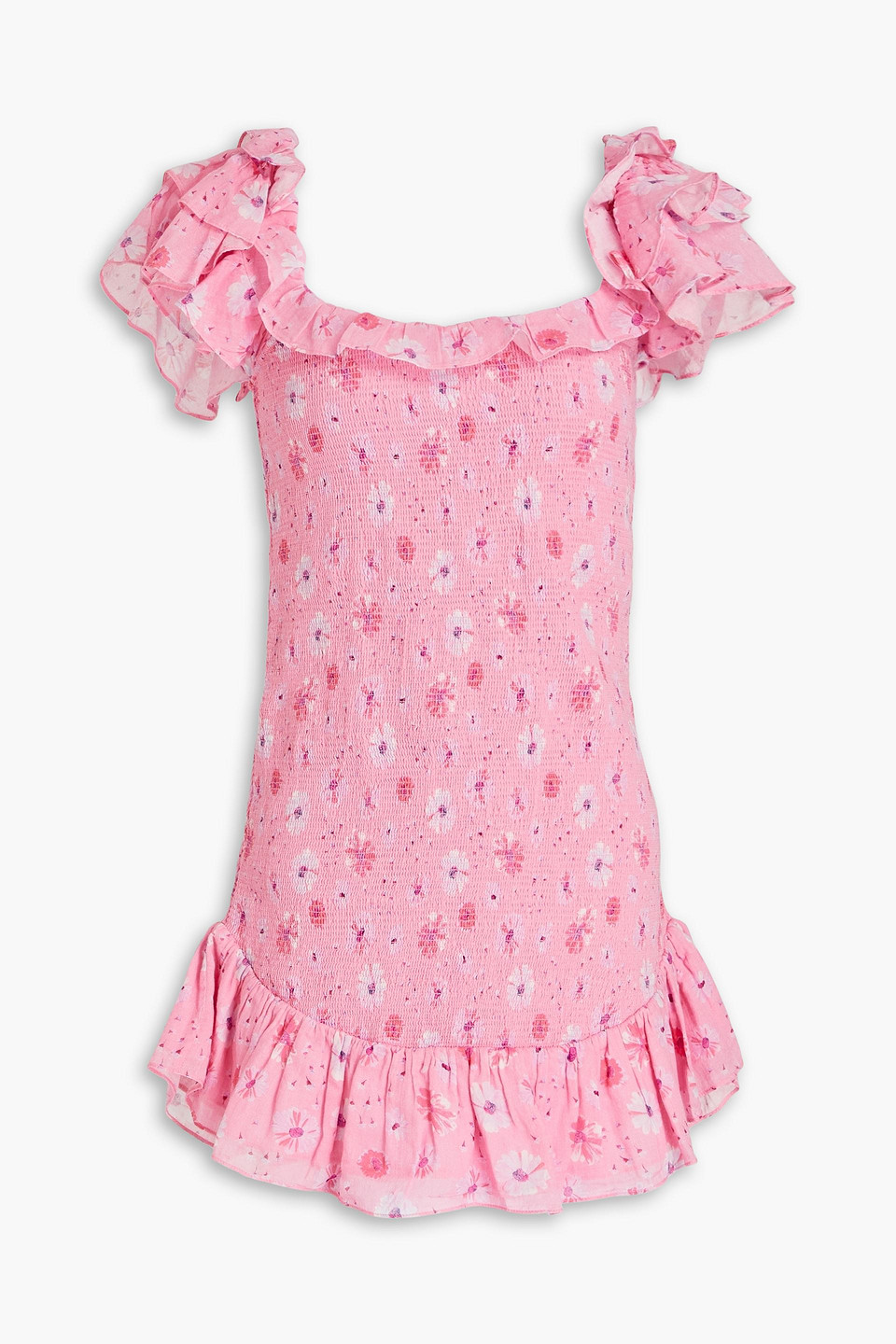 Shop Loveshackfancy Kodie Shirred Floral-print Cotton Mini Dress In Pink