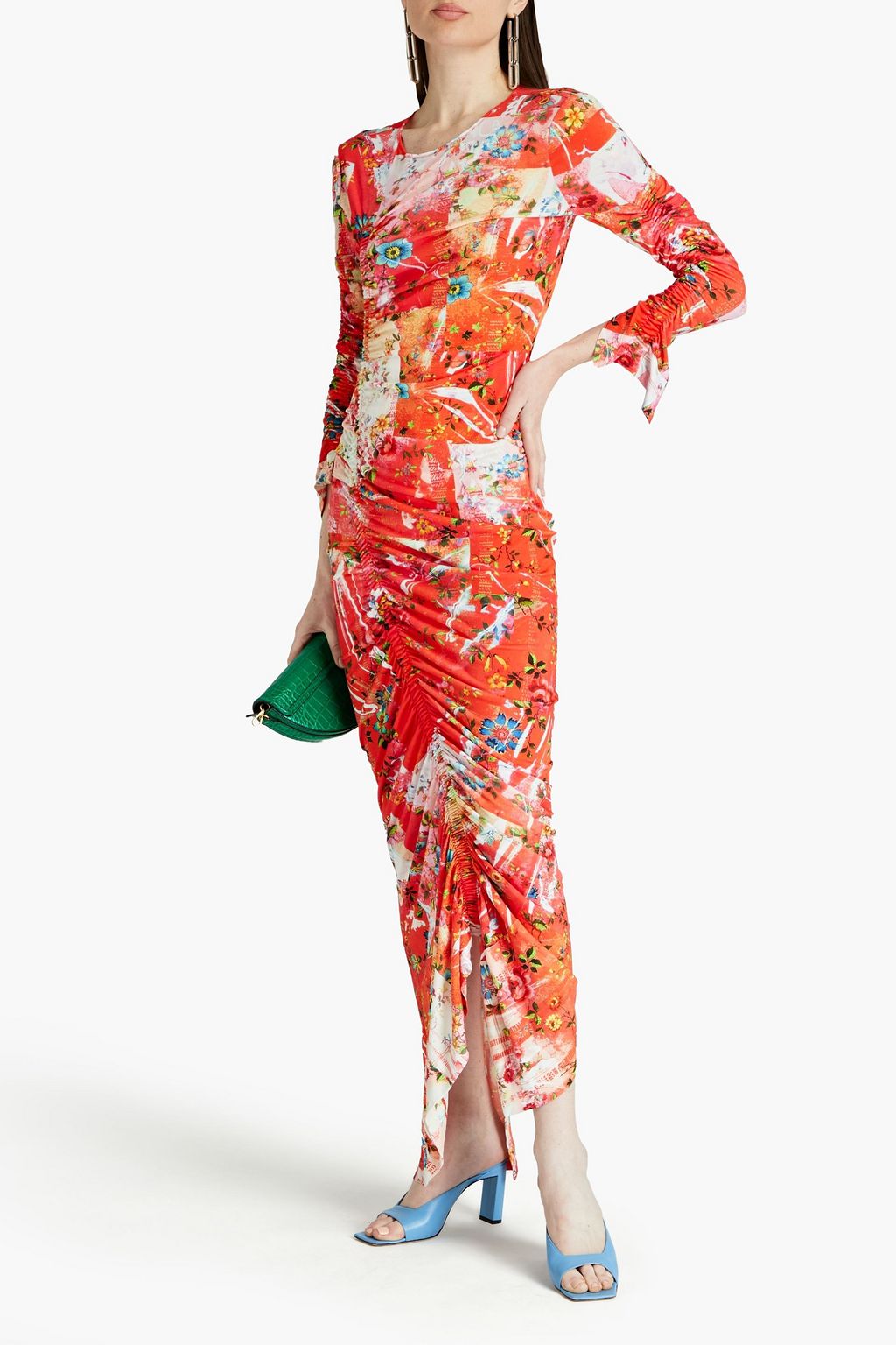PREEN BY THORNTON BREGAZZI فستان متوسط الطول غير متماثل من الجيرسيه المرن بطبعات على شكل وهور وبتصميم مزموم