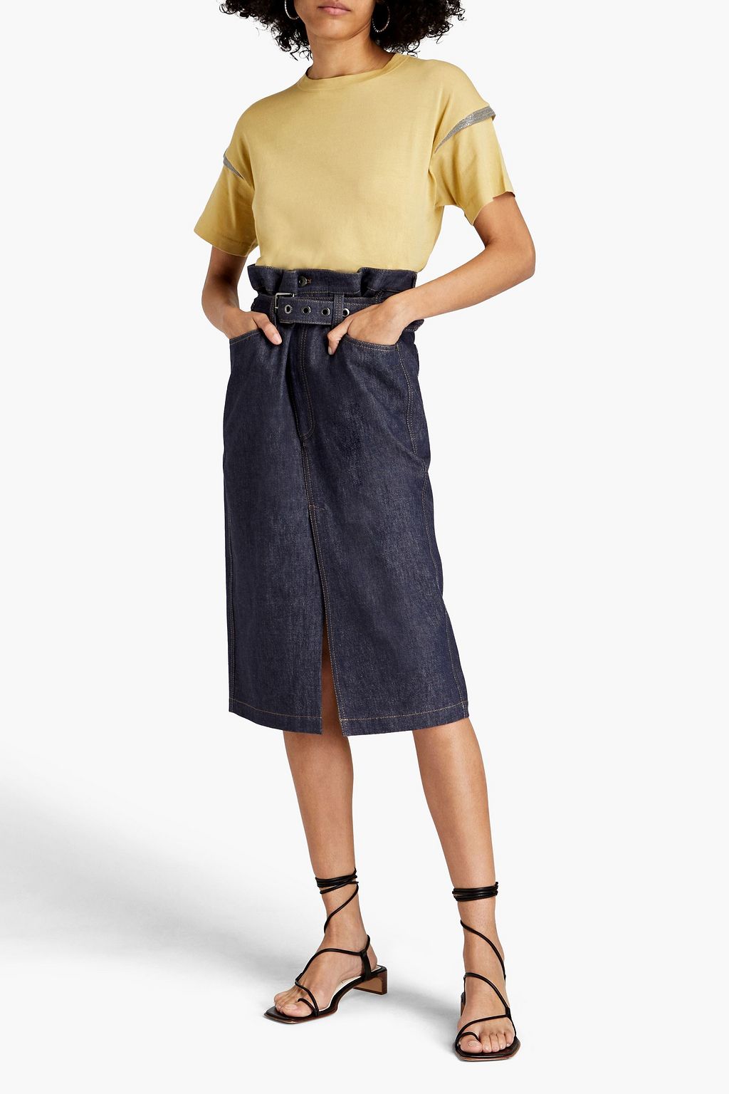 BRUNELLO CUCINELLI Belted embellished denim midi skirt