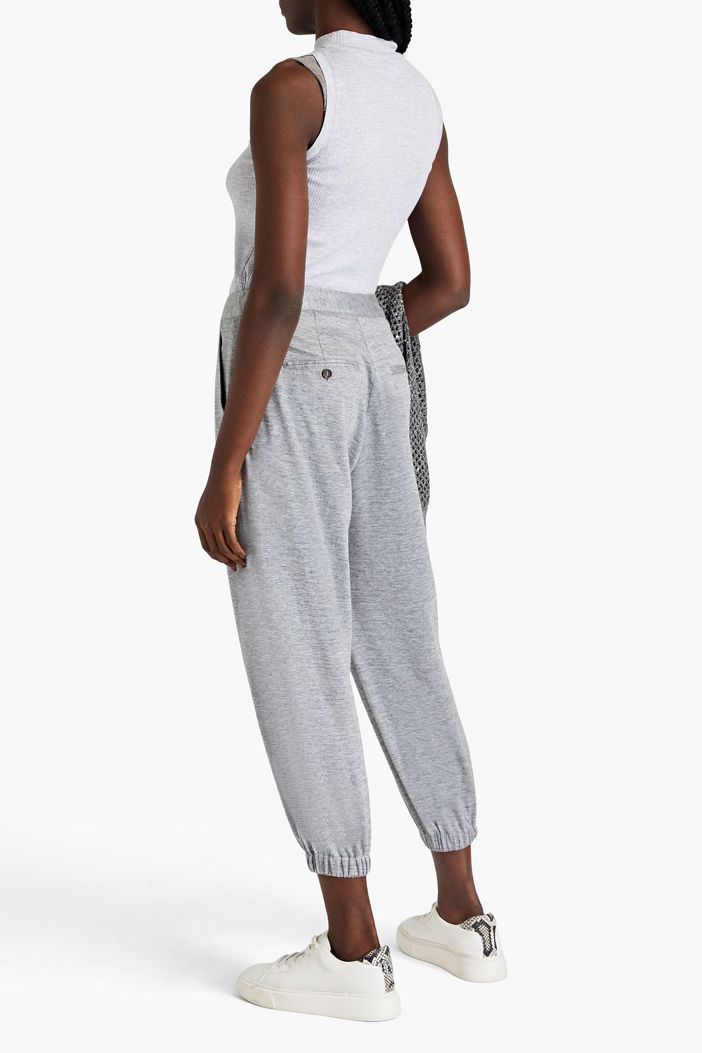 BRUNELLO CUCINELLI Cropped bead-embellished linen and silk-blend slub-jersey track pants