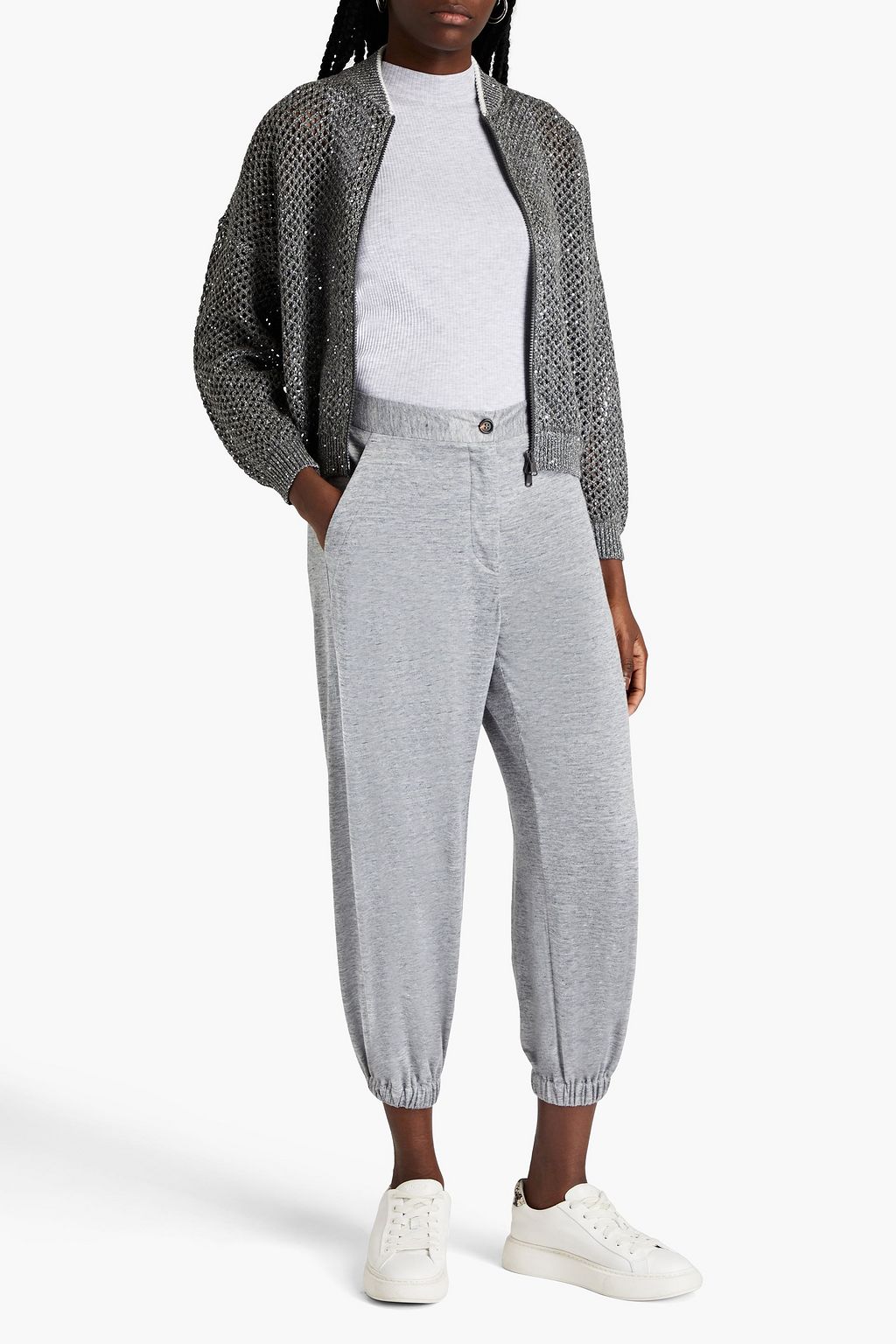 BRUNELLO CUCINELLI Cropped bead-embellished linen and silk-blend slub-jersey track pants