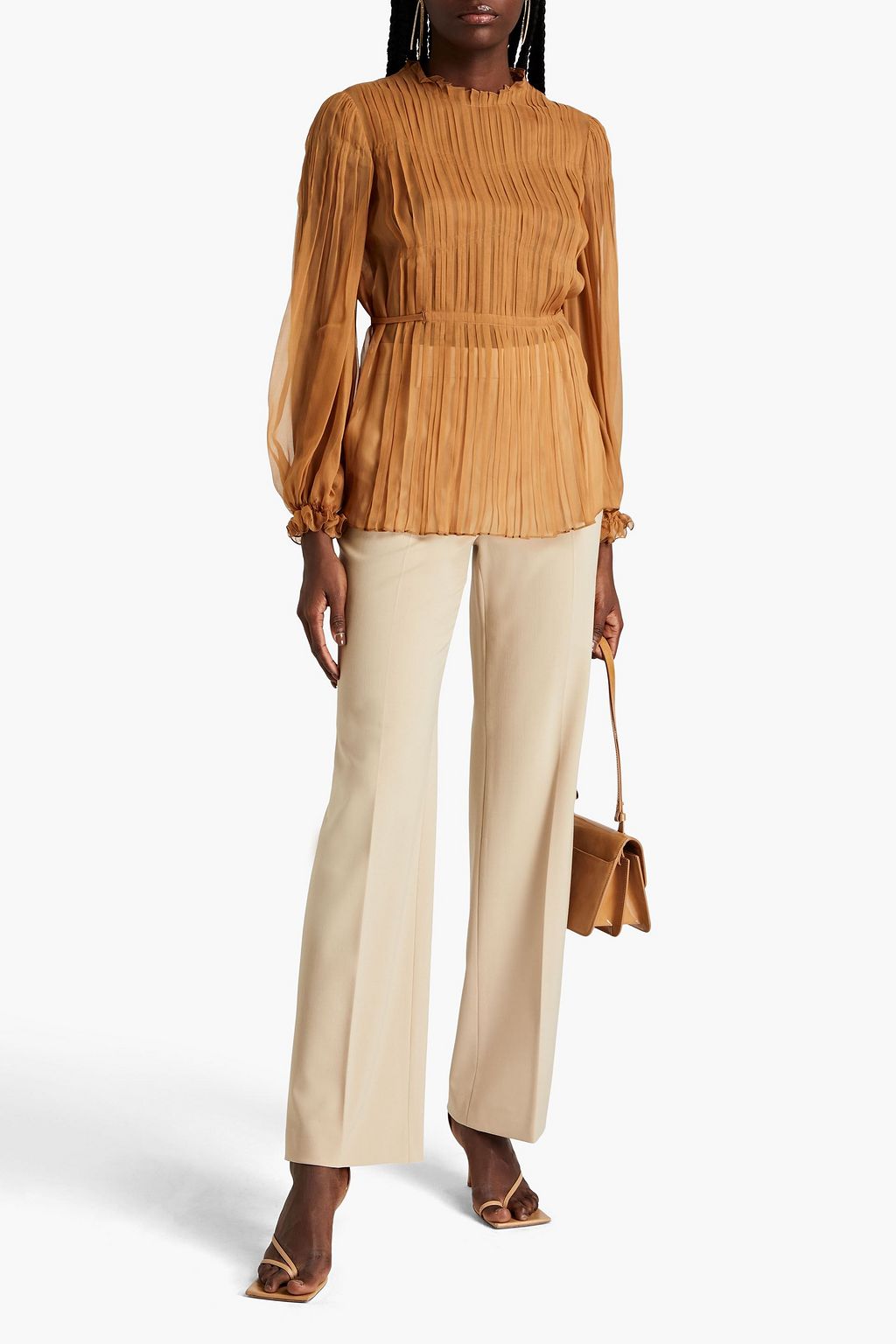 ALBERTA FERRETTI Ruffle-trimmed pleated silk-chiffon blouse