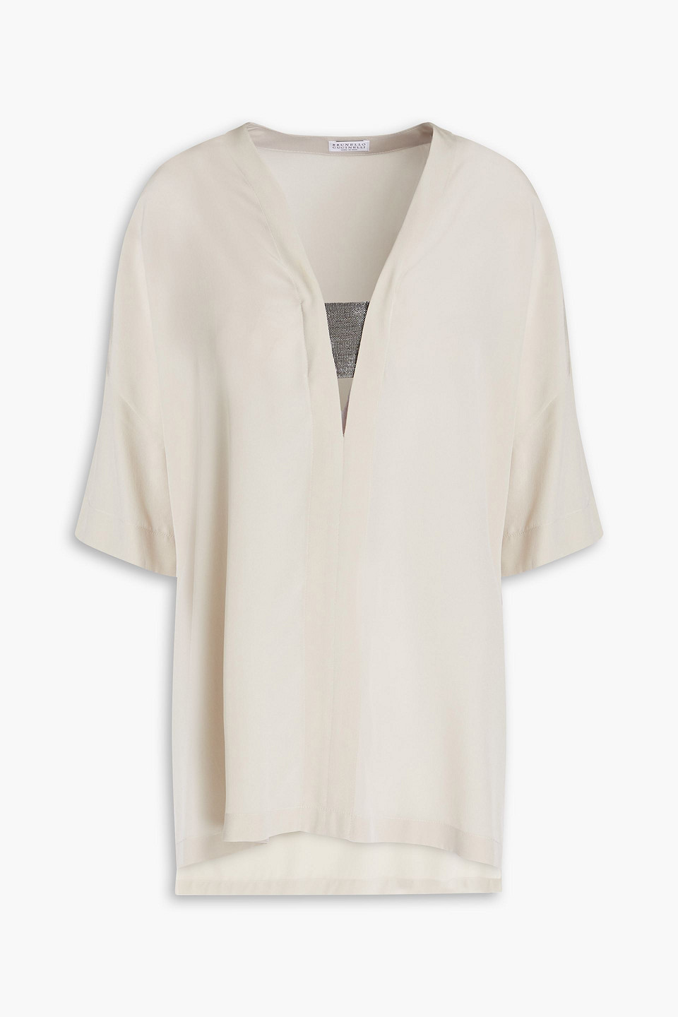 Brunello Cucinelli Cutout Embellished Silk Crepe De Chine Tunic In Beige