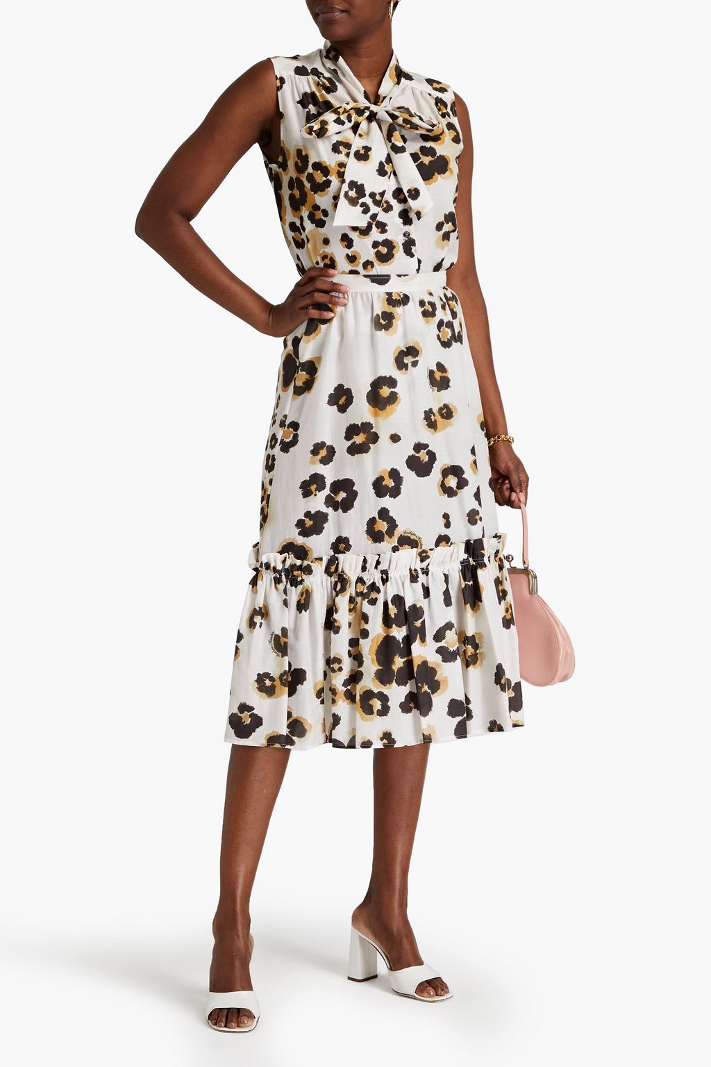 BOUTIQUE MOSCHINO コットン&シルク混 ミディスカート ラッフル付き プリント入り