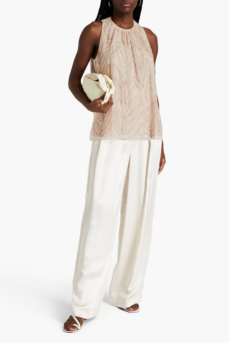 Brunello Cucinelli Gathered Embellished Silk-organza Top In Beige