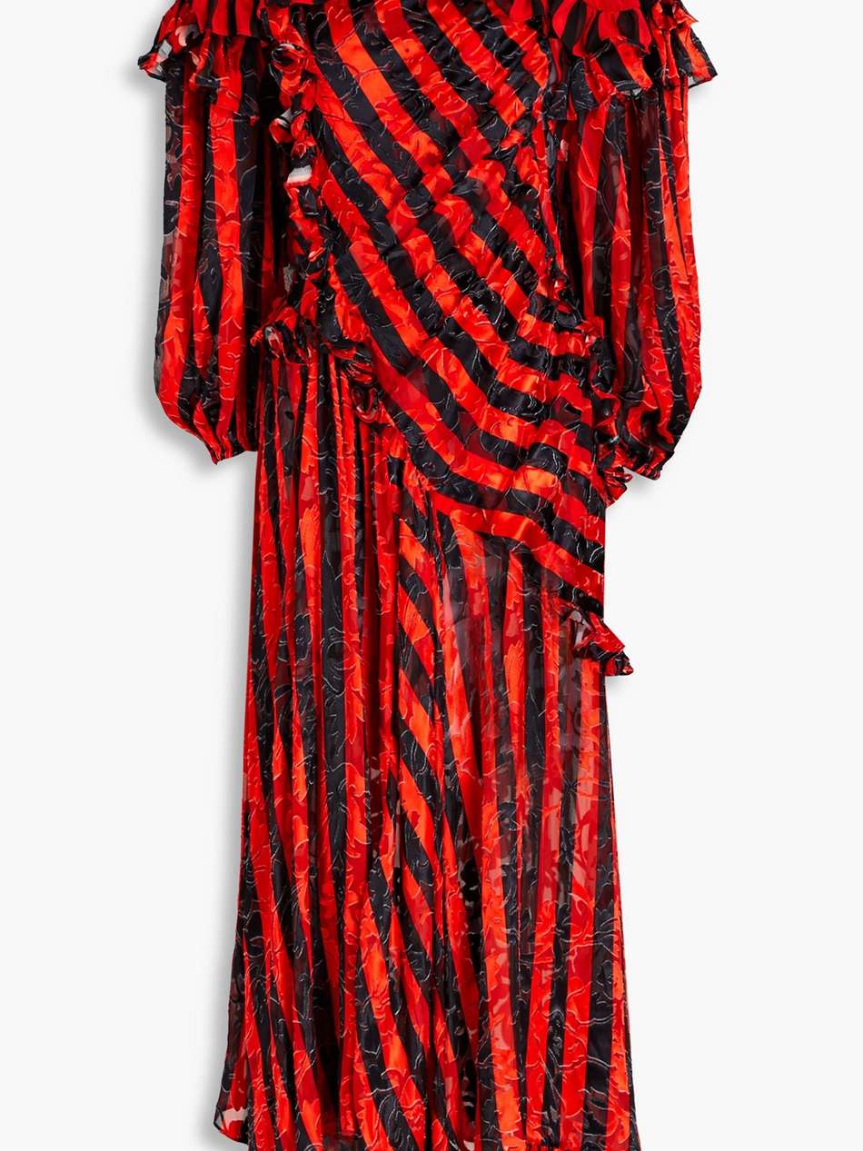 ruffled striped devoré-chiffon midi dress