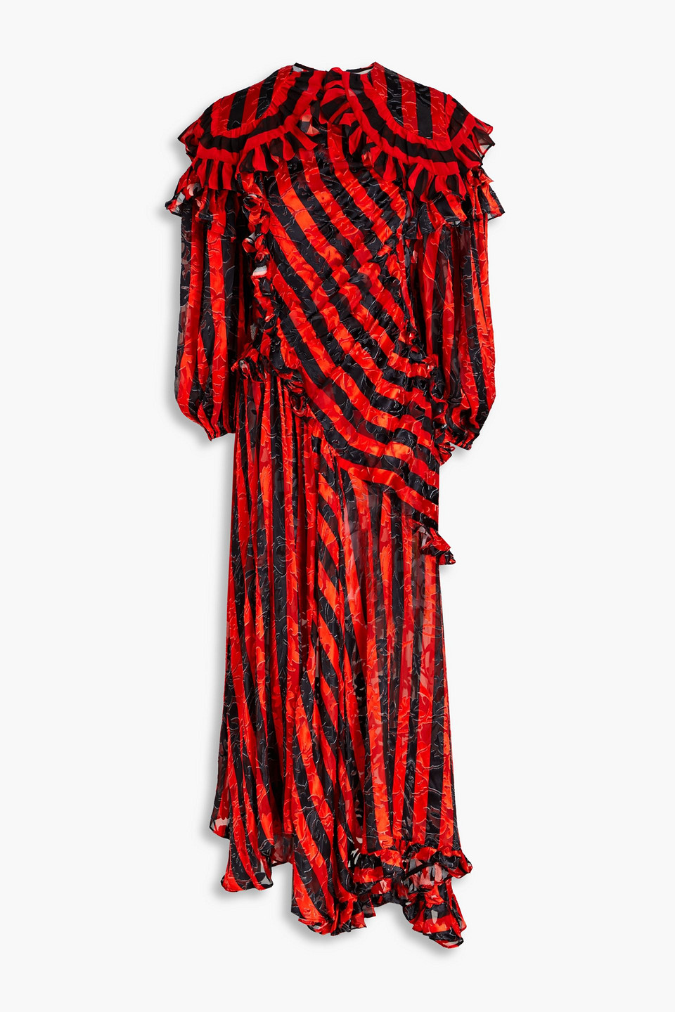 Preen By Thornton Bregazzi Ruffled Striped Devoré-chiffon Midi Dress In Red