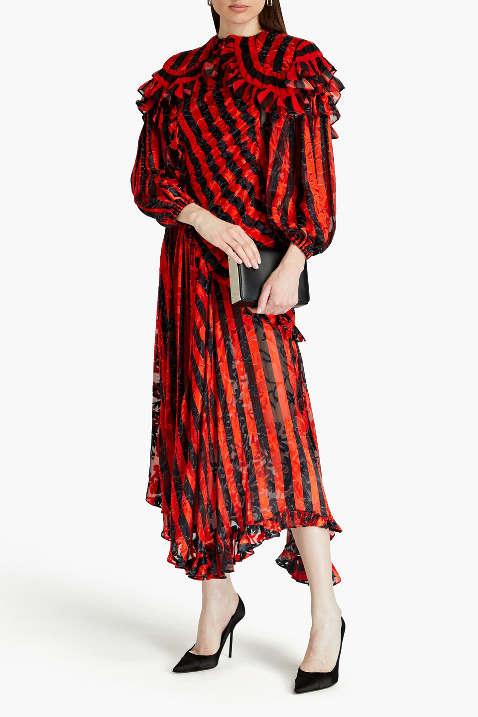 Shop Preen By Thornton Bregazzi Ruffled Striped Devoré-chiffon Midi Dress In Red