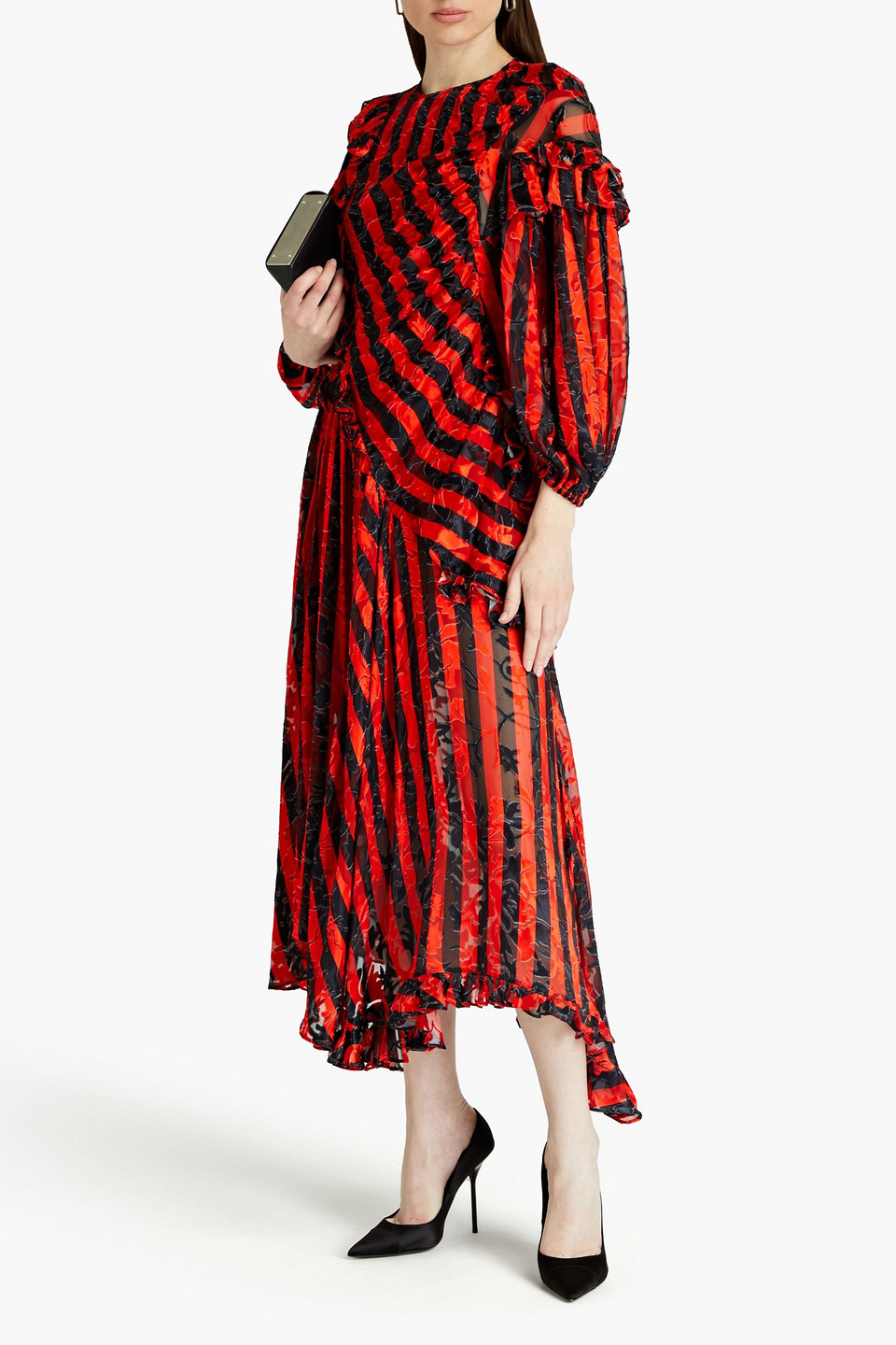 Shop Preen By Thornton Bregazzi Ruffled Striped Devoré-chiffon Midi Dress In Red