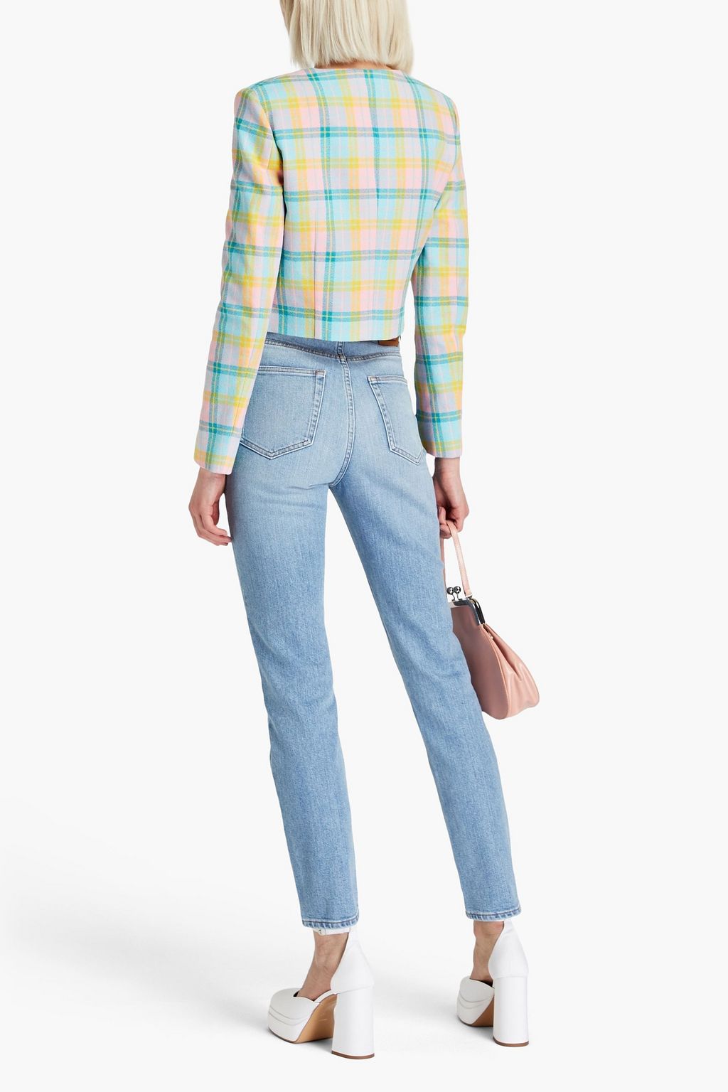 MOSCHINO Cropped button-embellished cotton-tweed jacket