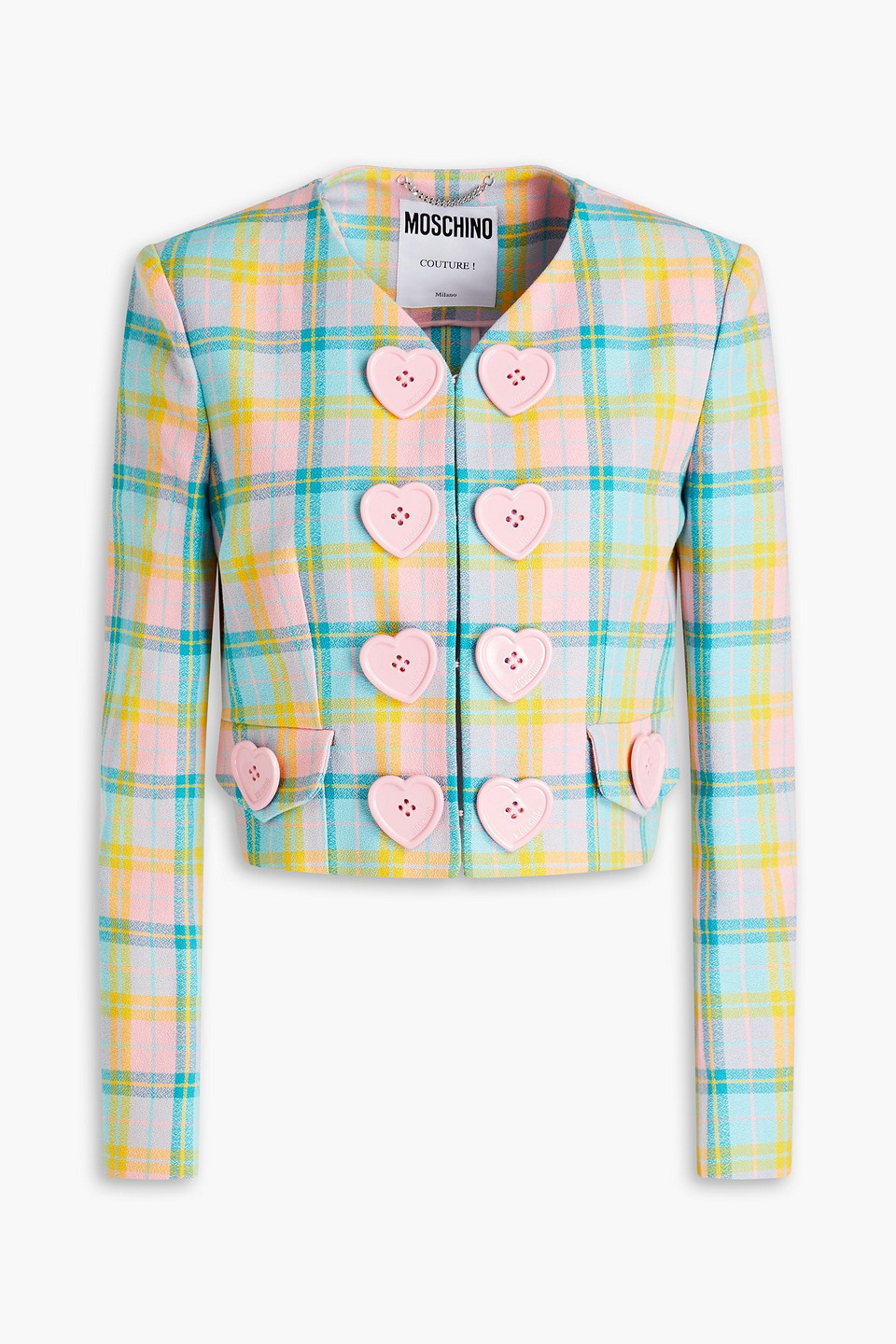 Moschino Cropped Checked Cotton Jacket In Light Blue ModeSens