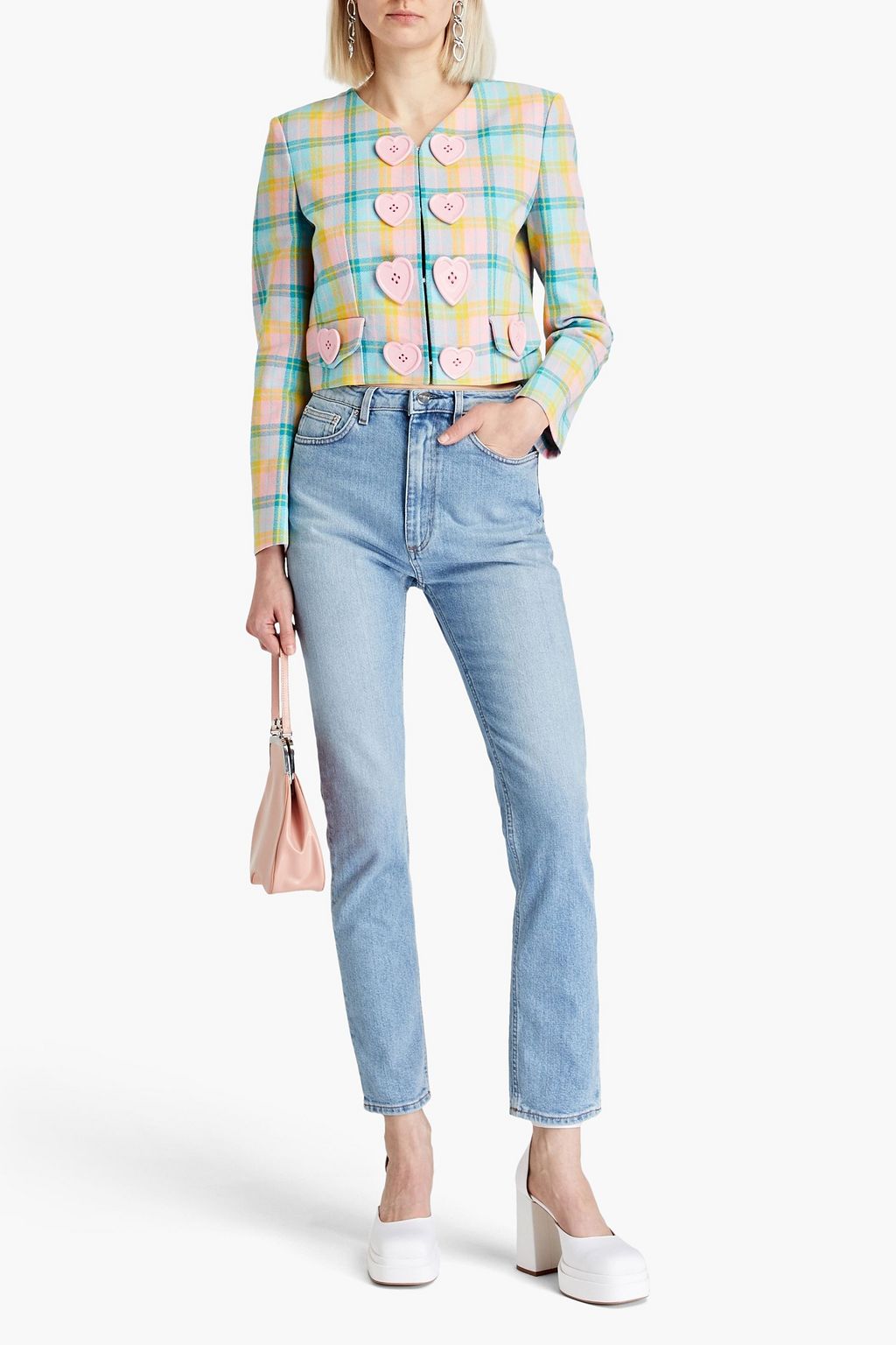 MOSCHINO Cropped button-embellished cotton-tweed jacket