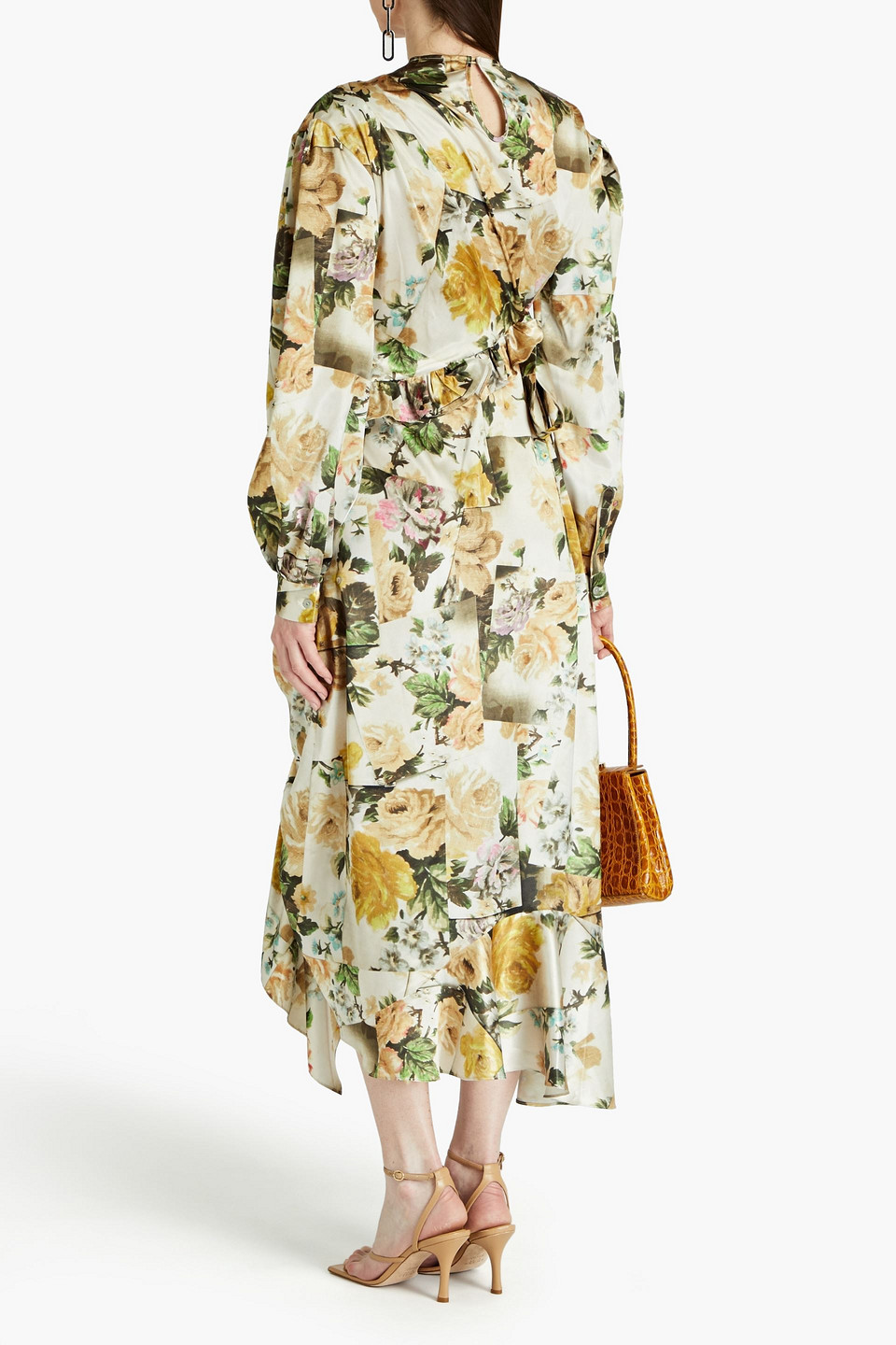 Shop Preen By Thornton Bregazzi Draped Floral-print Satin Midi Dress In Cream