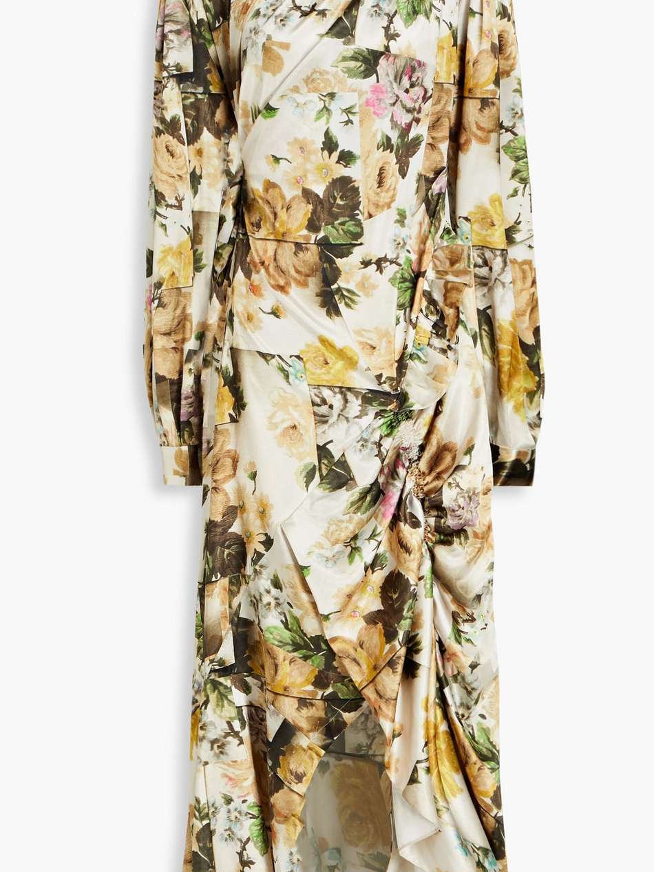 draped floral-print satin midi dress