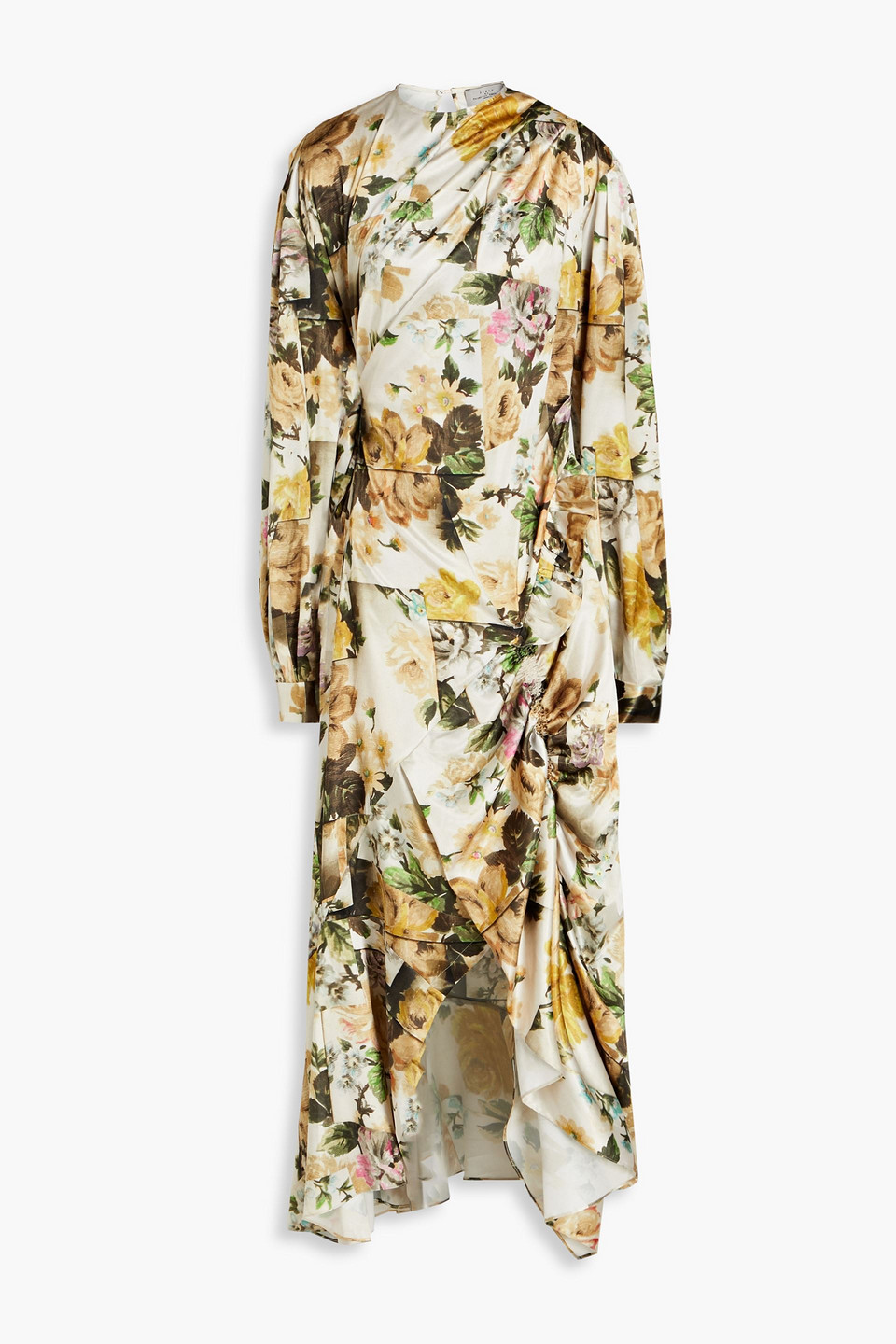 Preen By Thornton Bregazzi Draped Floral-print Satin Dress In Cream