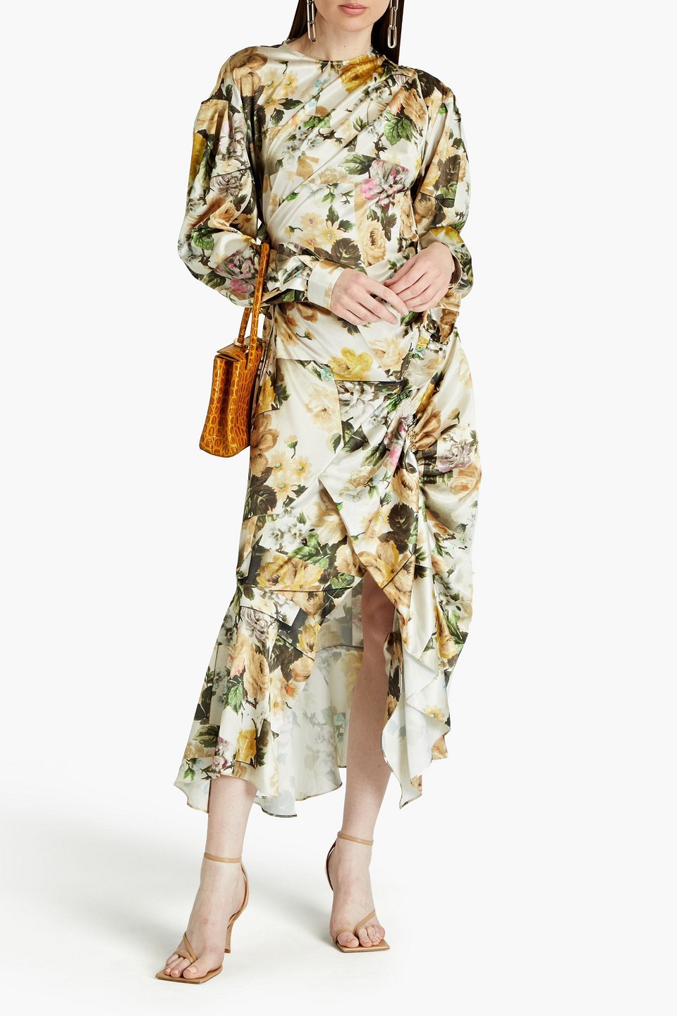 Shop Preen By Thornton Bregazzi Draped Floral-print Satin Midi Dress In Cream