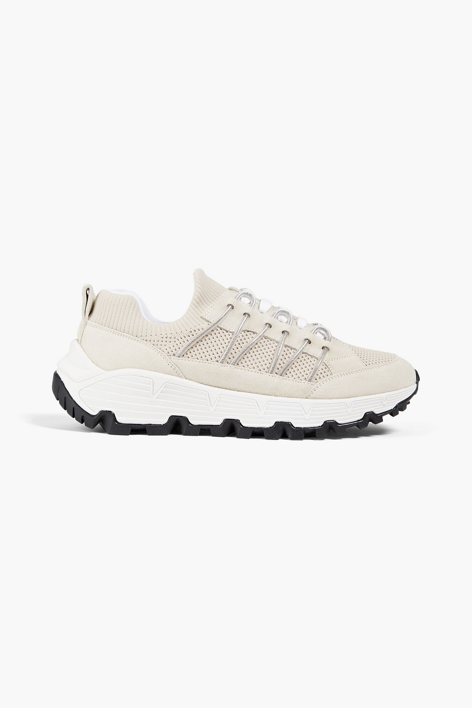 Brunello Cucinelli Bead-embellished Stretch-knit And Suede Sneakers In Ecru