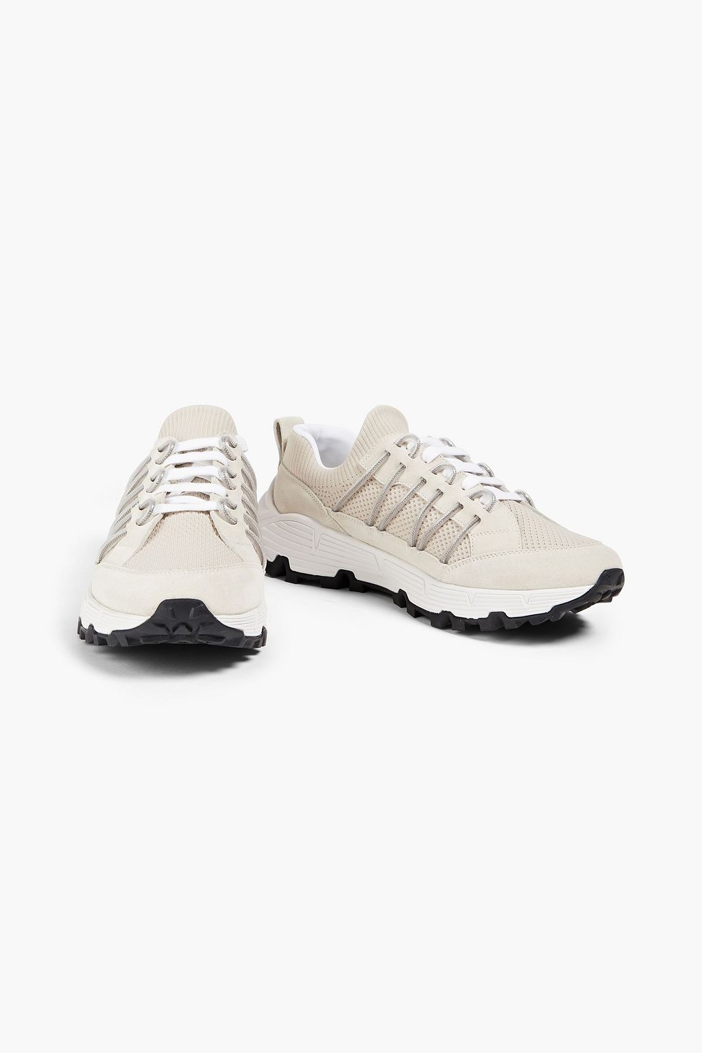 BRUNELLO CUCINELLI Bead-embellished stretch-knit and suede sneakers