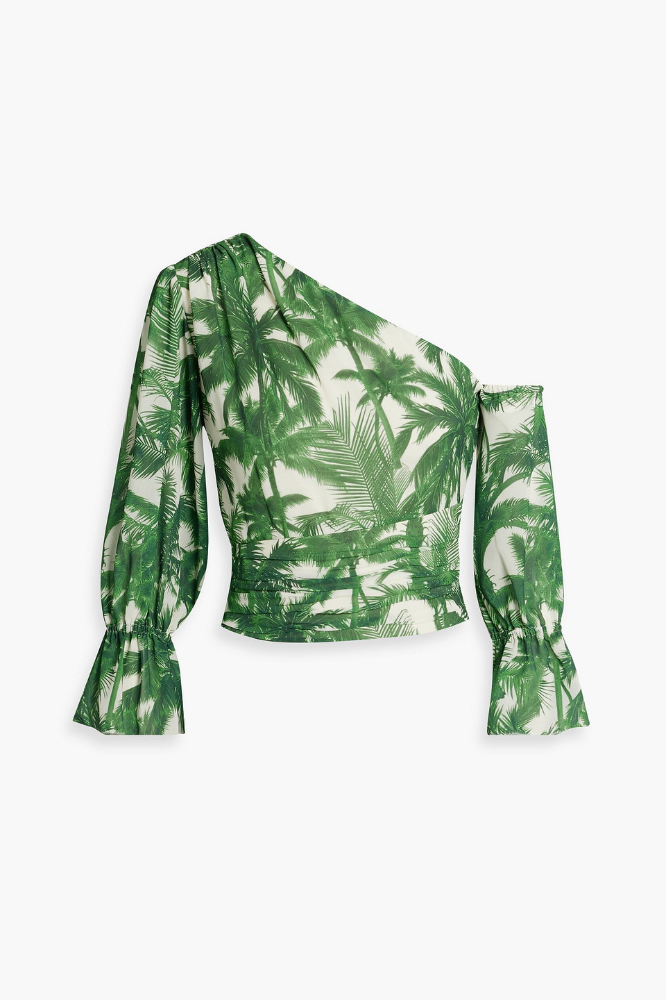 Amur One-shoulder Ruched Printed Crepe Top In Leaf Green