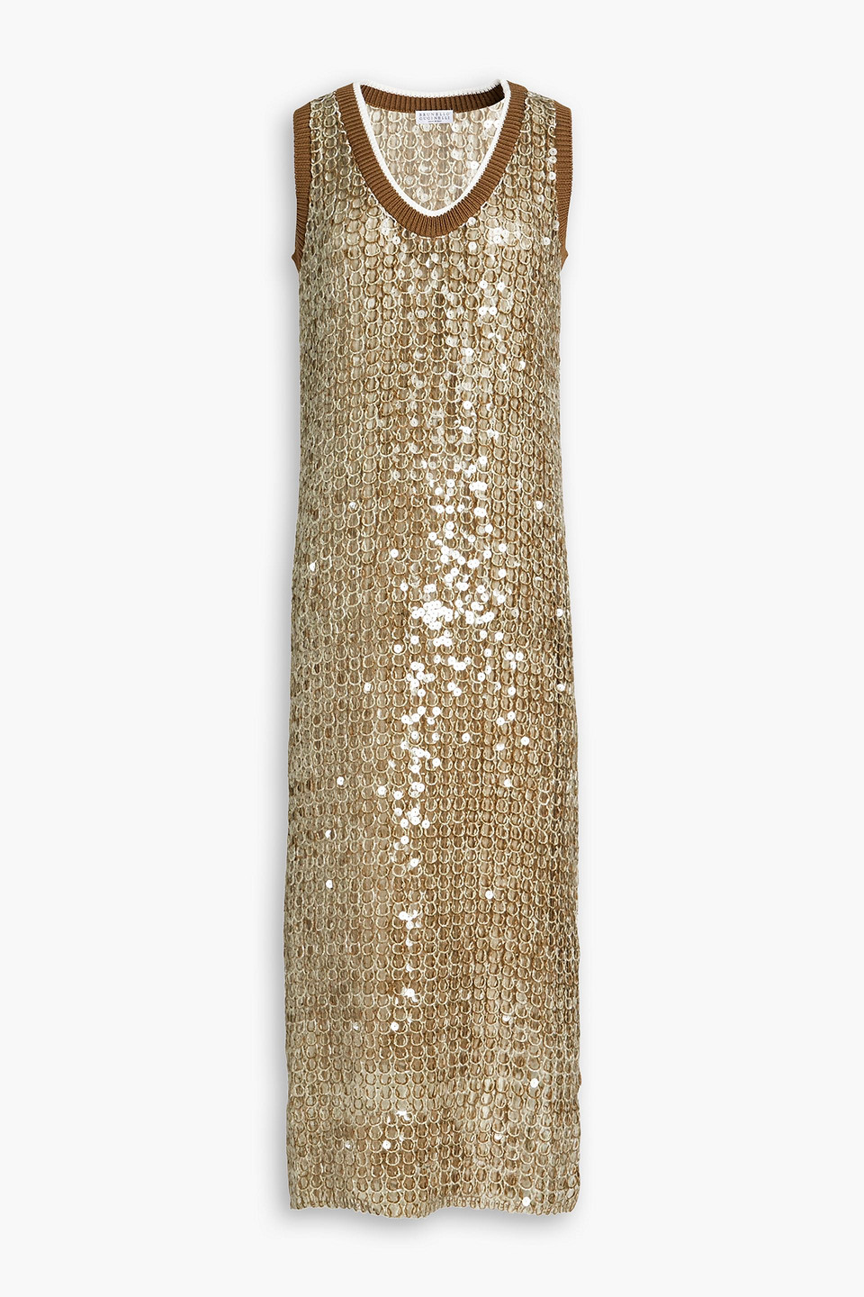Brunello Cucinelli Sequined Open-knit Jute-blend Midi Dress In Army Green