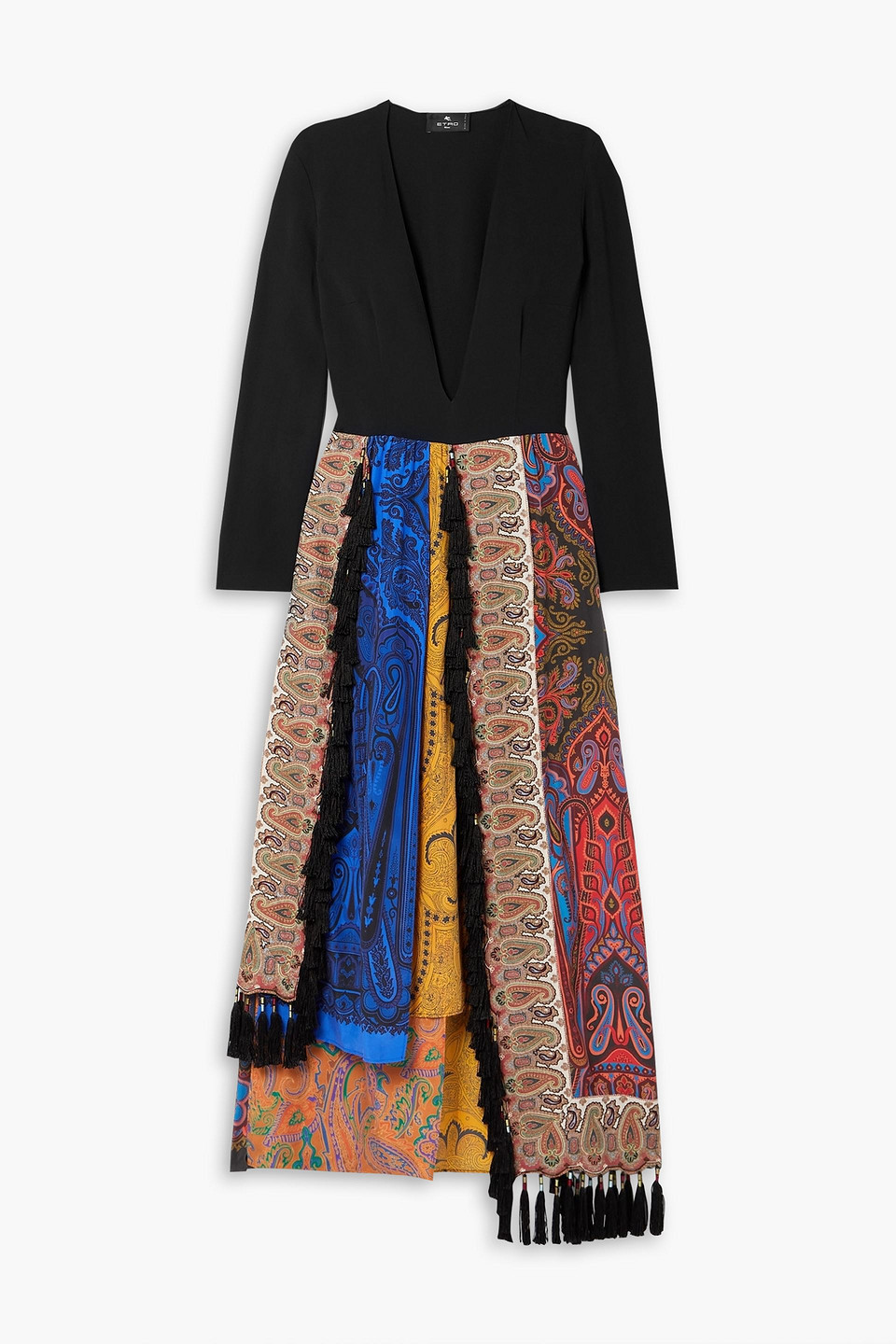 Etro Tasseled Jersey, Paneled Paisley-print Silk And Cotton Dress In Black