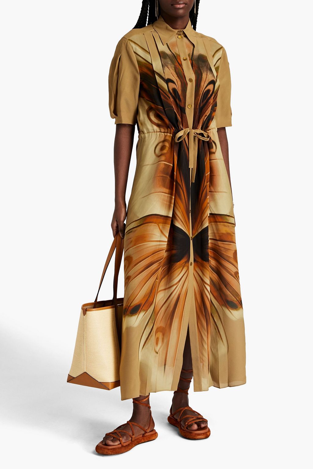 ALBERTA FERRETTI Pleated printed silk crepe de chine maxi shirt dress