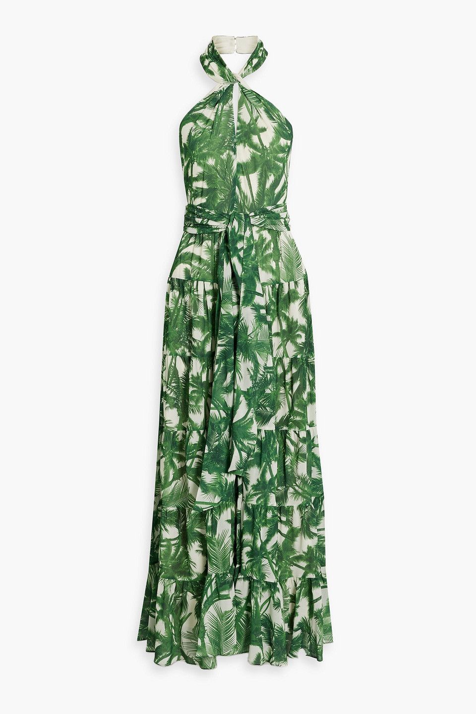 Shop Amur Tiered Printed Crepe Halterneck Maxi Dress In Leaf Green