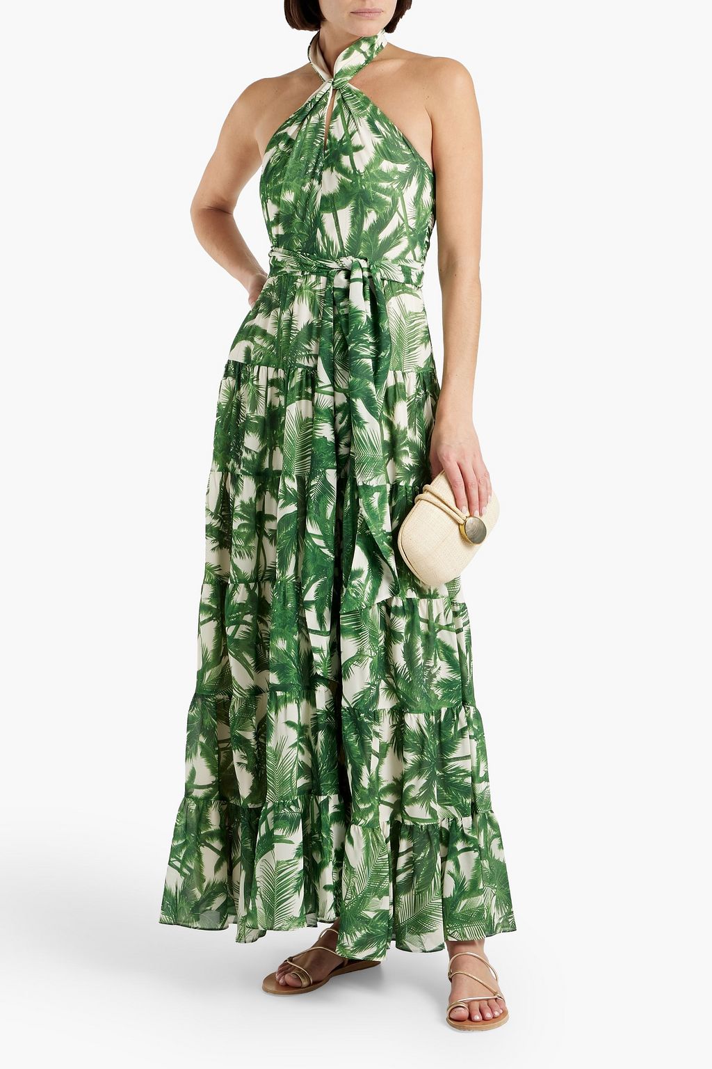 AMUR Tiered printed crepe halterneck maxi dress