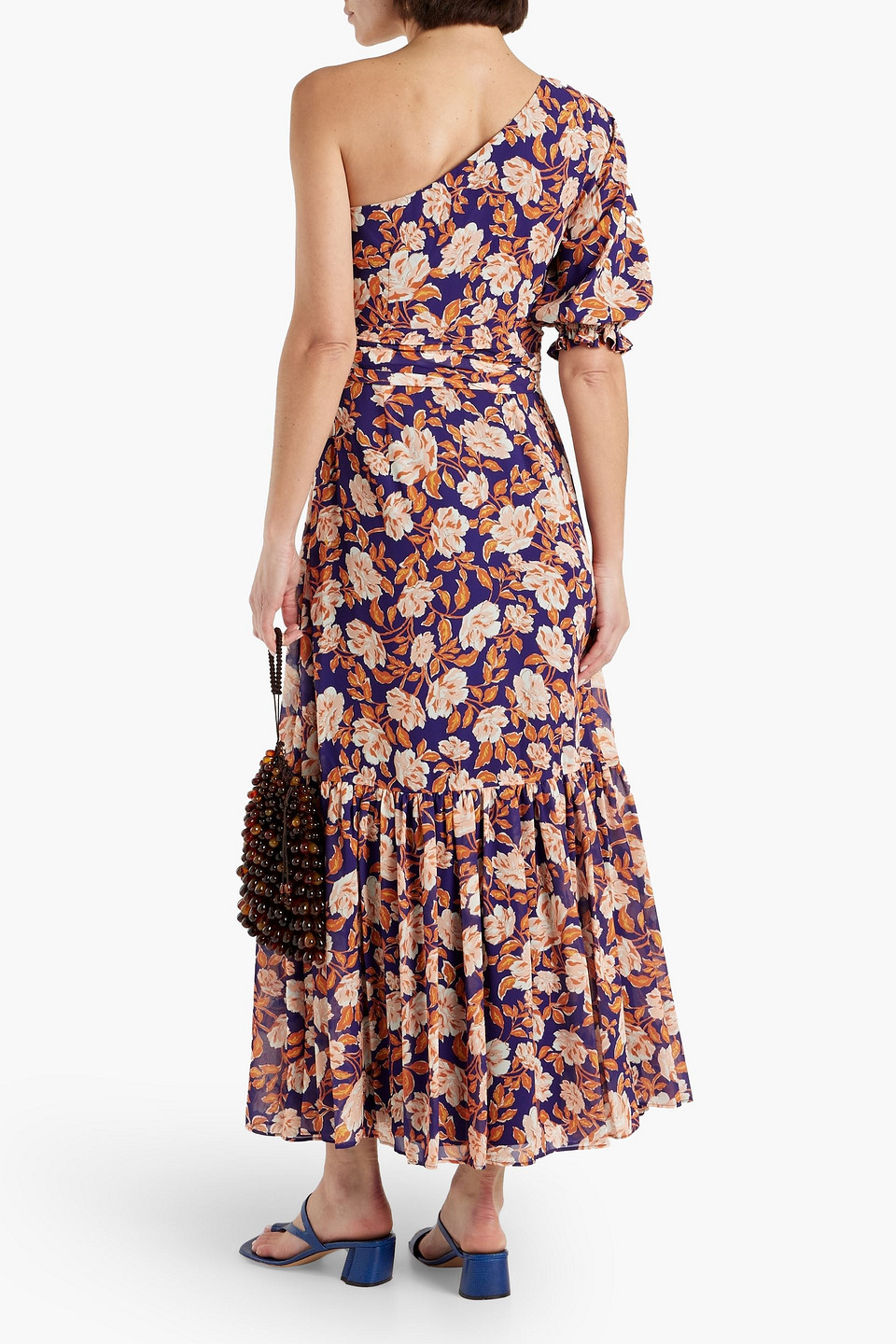 Shop Amur One-shoulder Floral-print Crepe De Chine Midi Dress In Orange