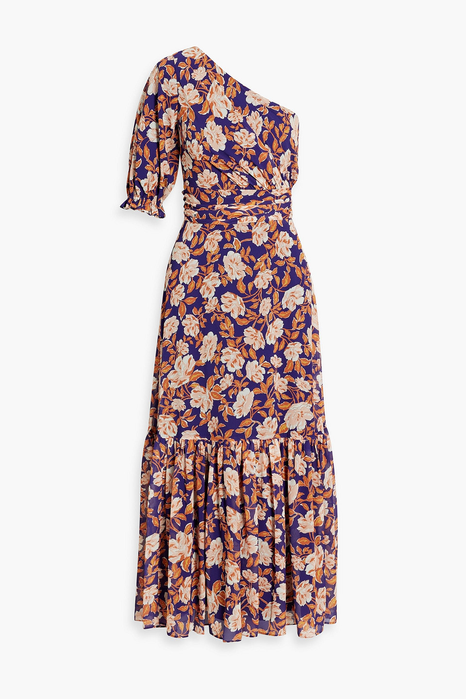 Shop Amur One-shoulder Floral-print Crepe De Chine Midi Dress In Orange