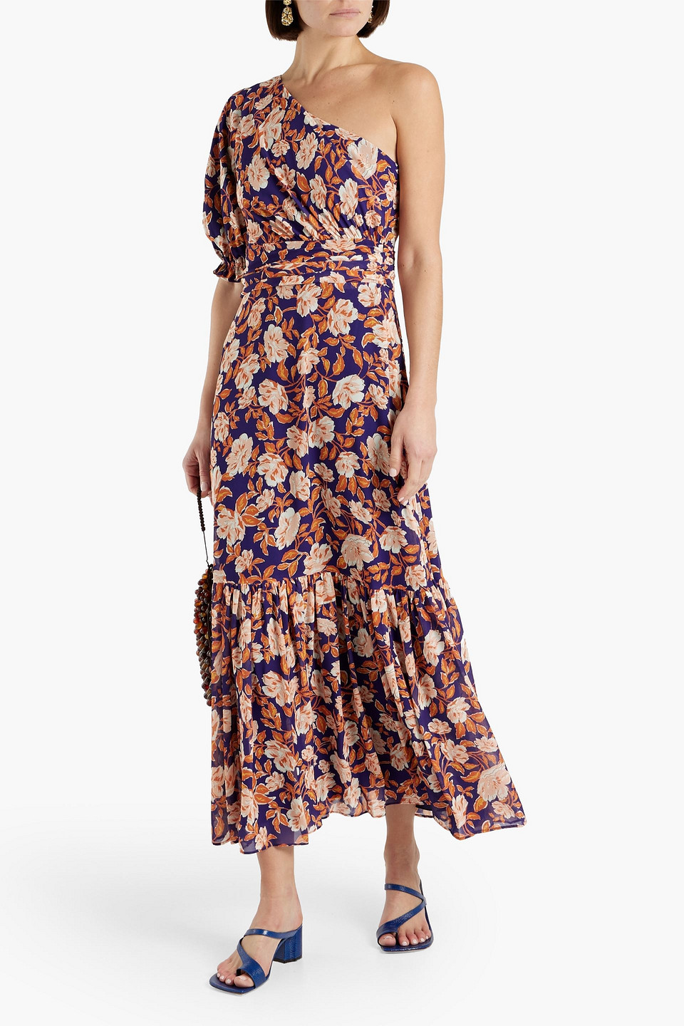 Shop Amur One-shoulder Floral-print Crepe De Chine Midi Dress In Orange