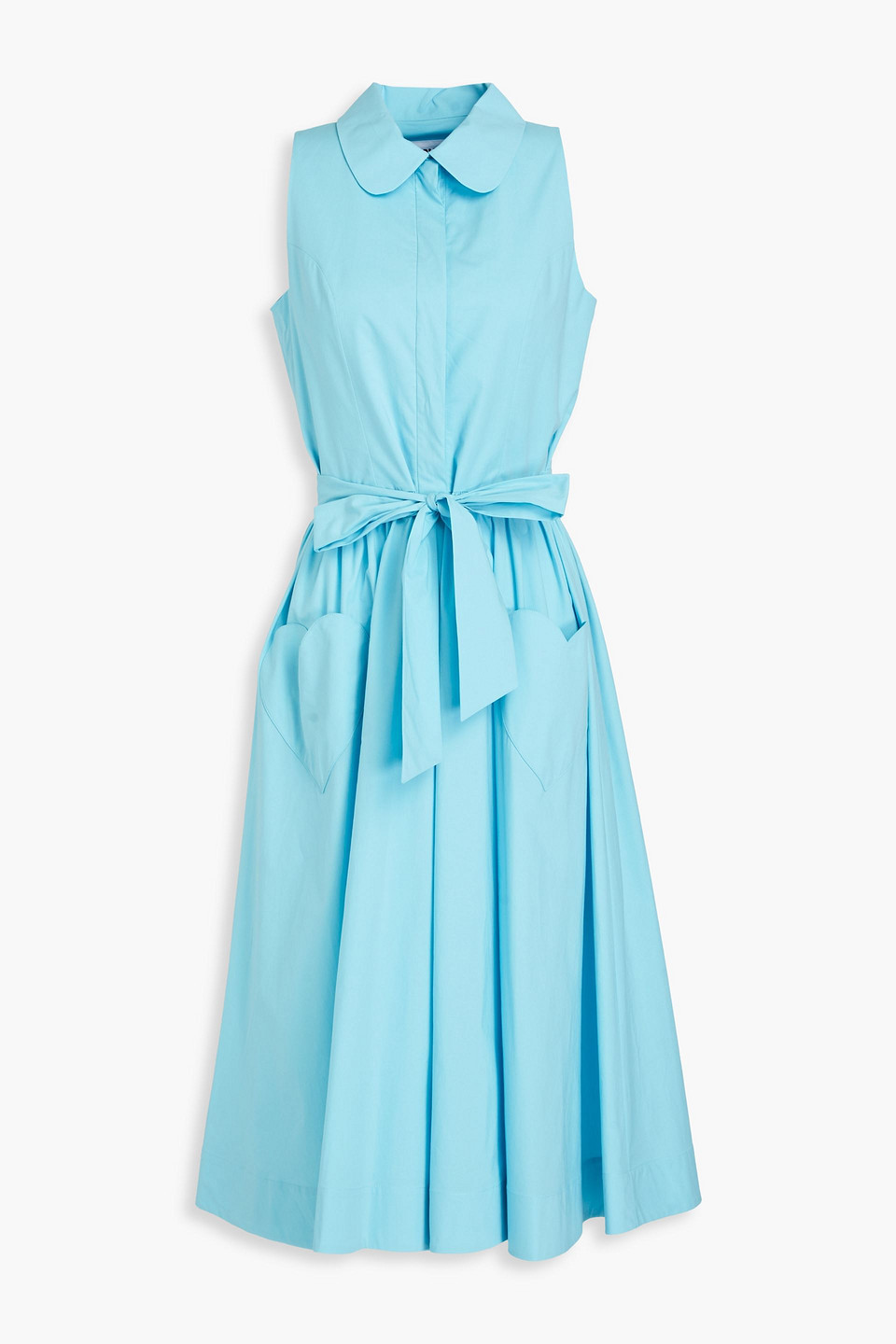 Moschino Belted Pleated Stretch-cotton Poplin Midi Shirt Dress In Turquoise