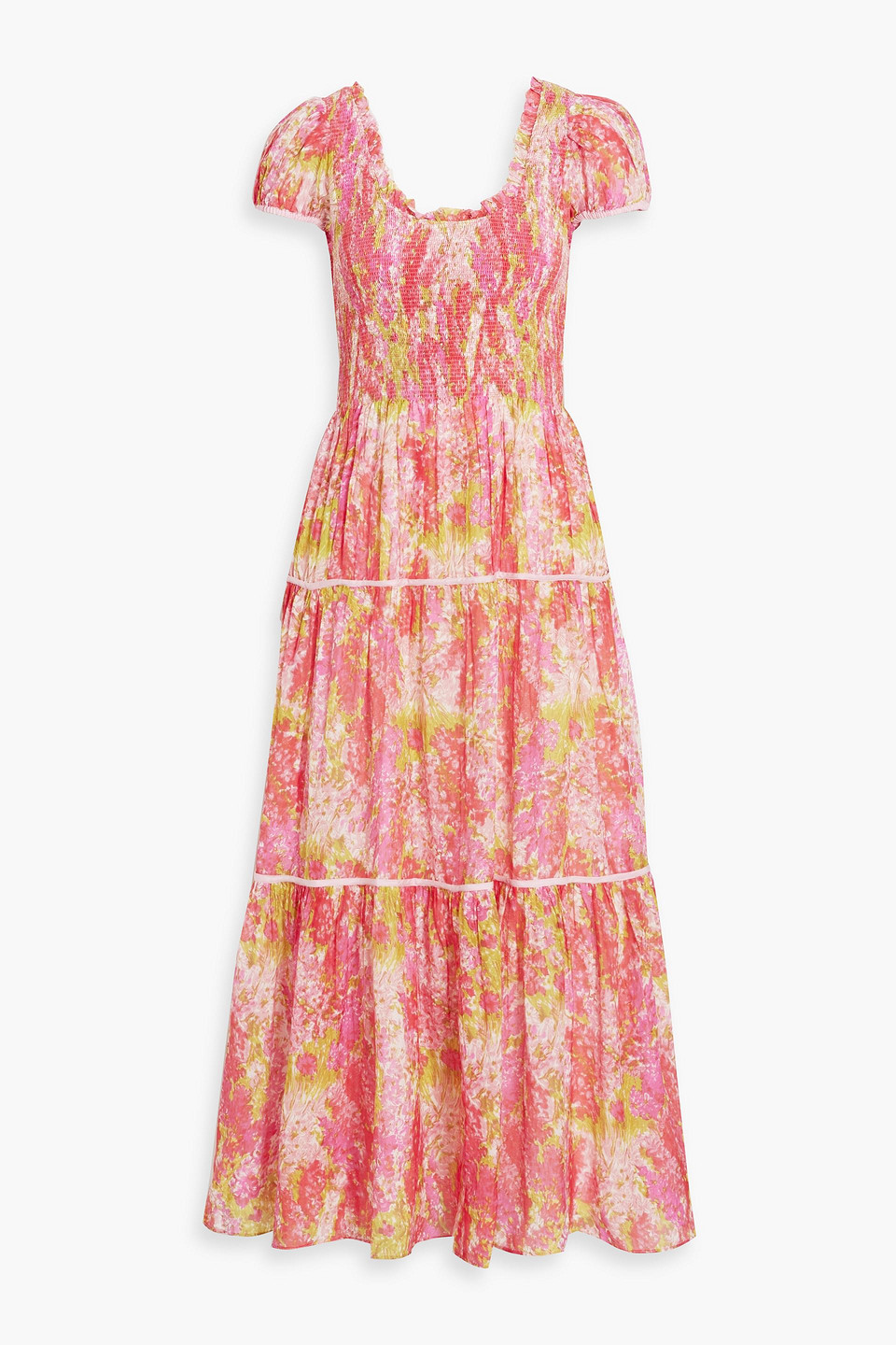 LOVESHACKFANCY ELISABELLE SHIRRED FLORAL-PRINT COTTON AND SILK-BLEND MAXI DRESS 3074457345634763173