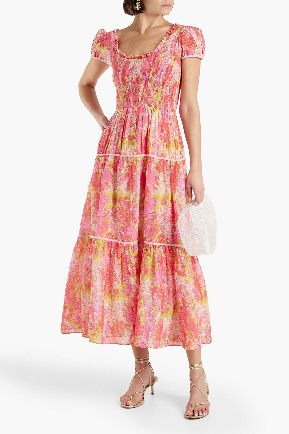 LOVESHACKFANCY ELISABELLE SHIRRED FLORAL-PRINT COTTON AND SILK-BLEND MAXI DRESS 3074457345634763173