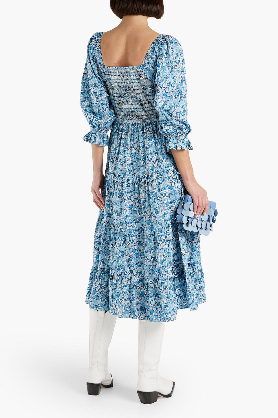 Shop Loveshackfancy Minnie Tiered Smocked Floral-print Cotton-poplin Midi Dress In Blue