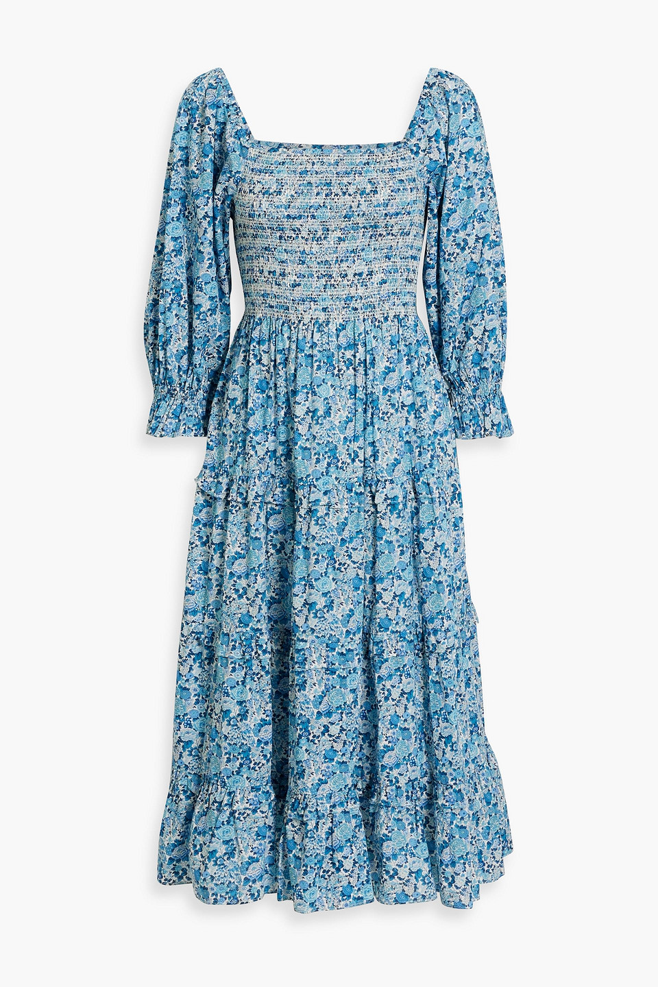 Loveshackfancy Minnie Tiered Smocked Floral-print Cotton-poplin Midi Dress In Blue