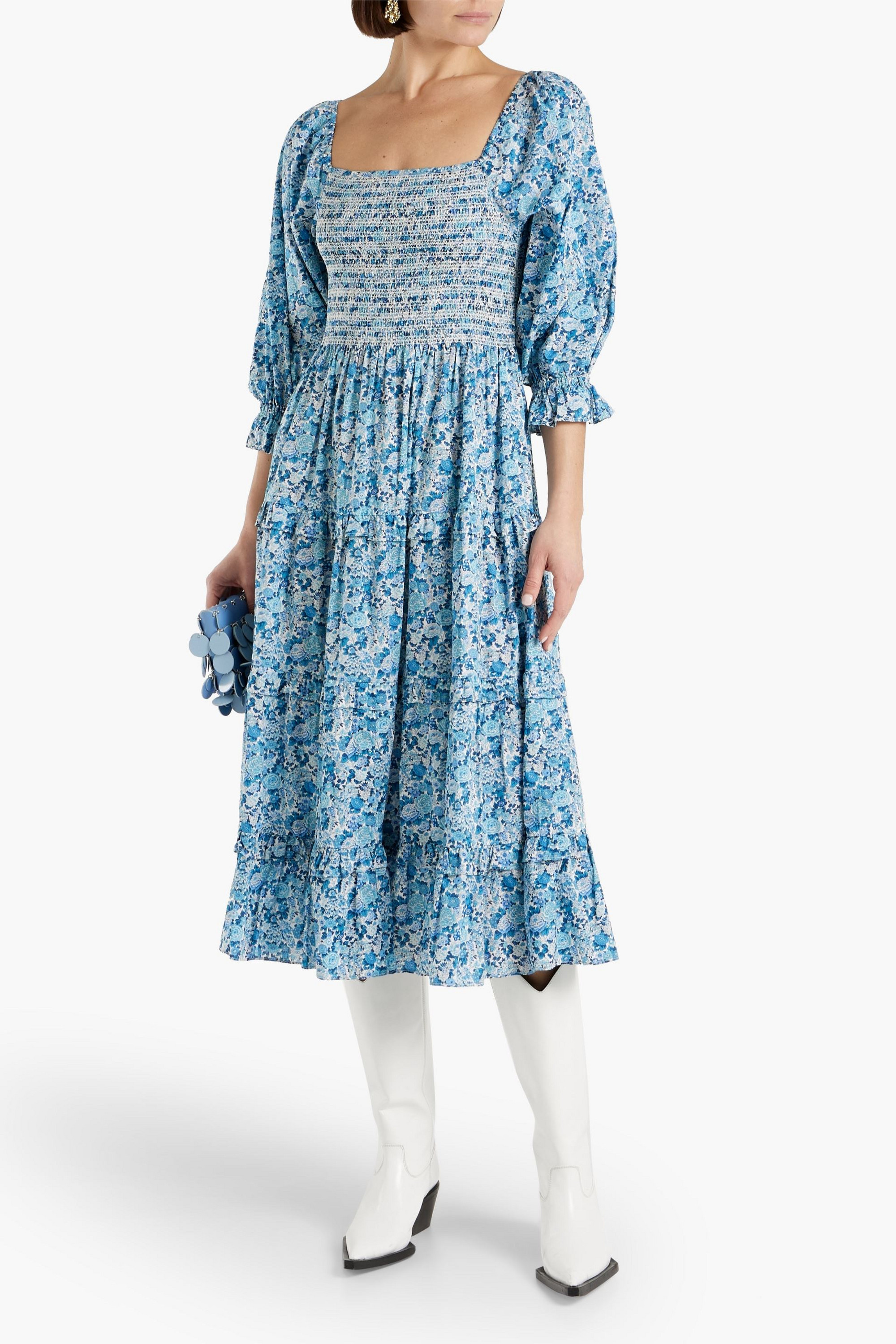 LoveShackFancy Minnie tiered smocked floral-print cotton-poplin midi dress