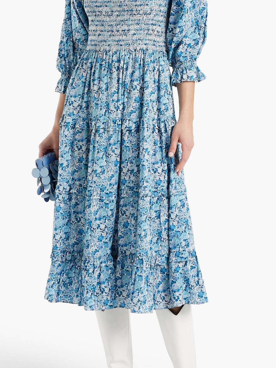 minnie tiered smocked floral-print cotton-poplin midi dress